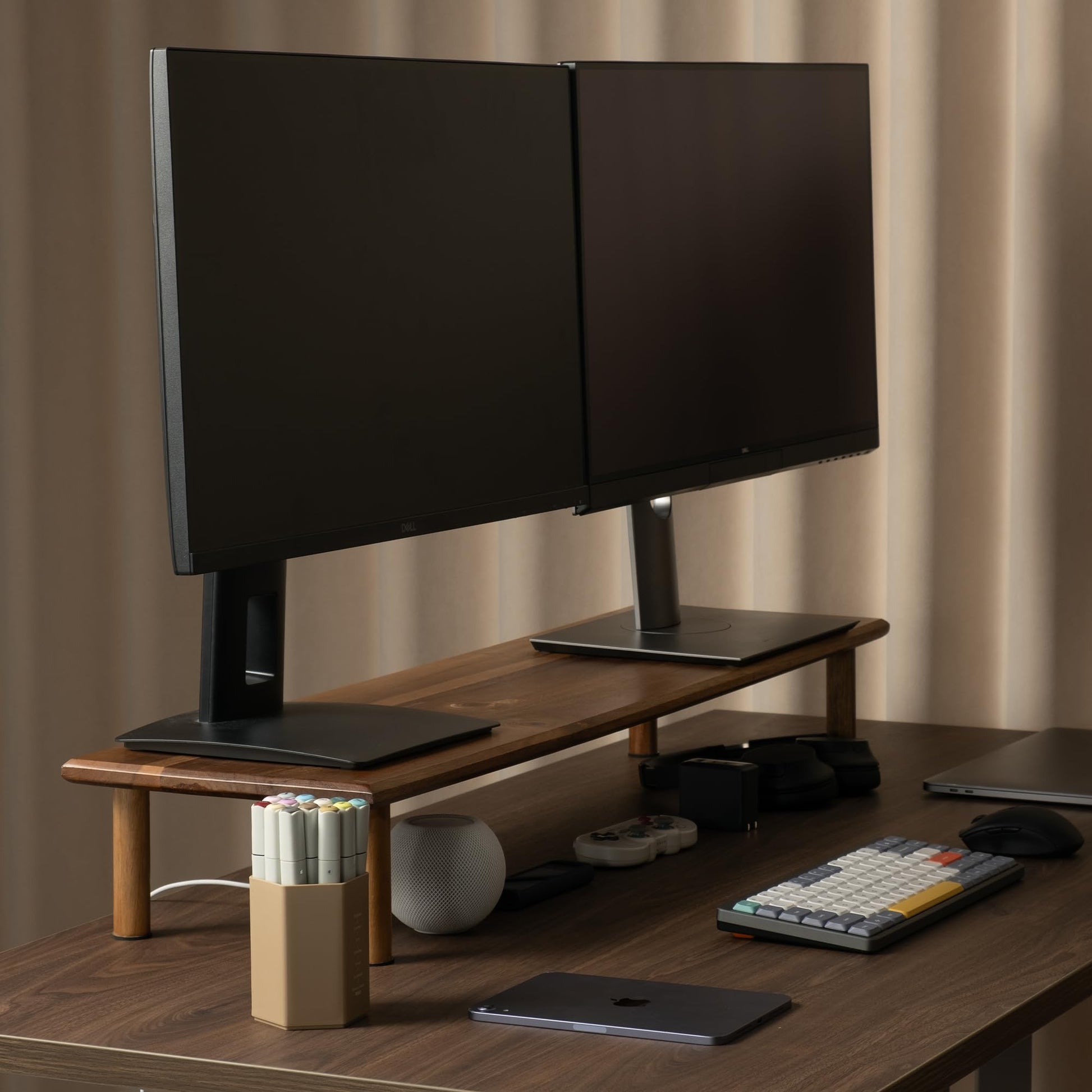 ROCDEER Dual Monitor Stand Riser, Acacia Wood Desktop Shelf with Storage