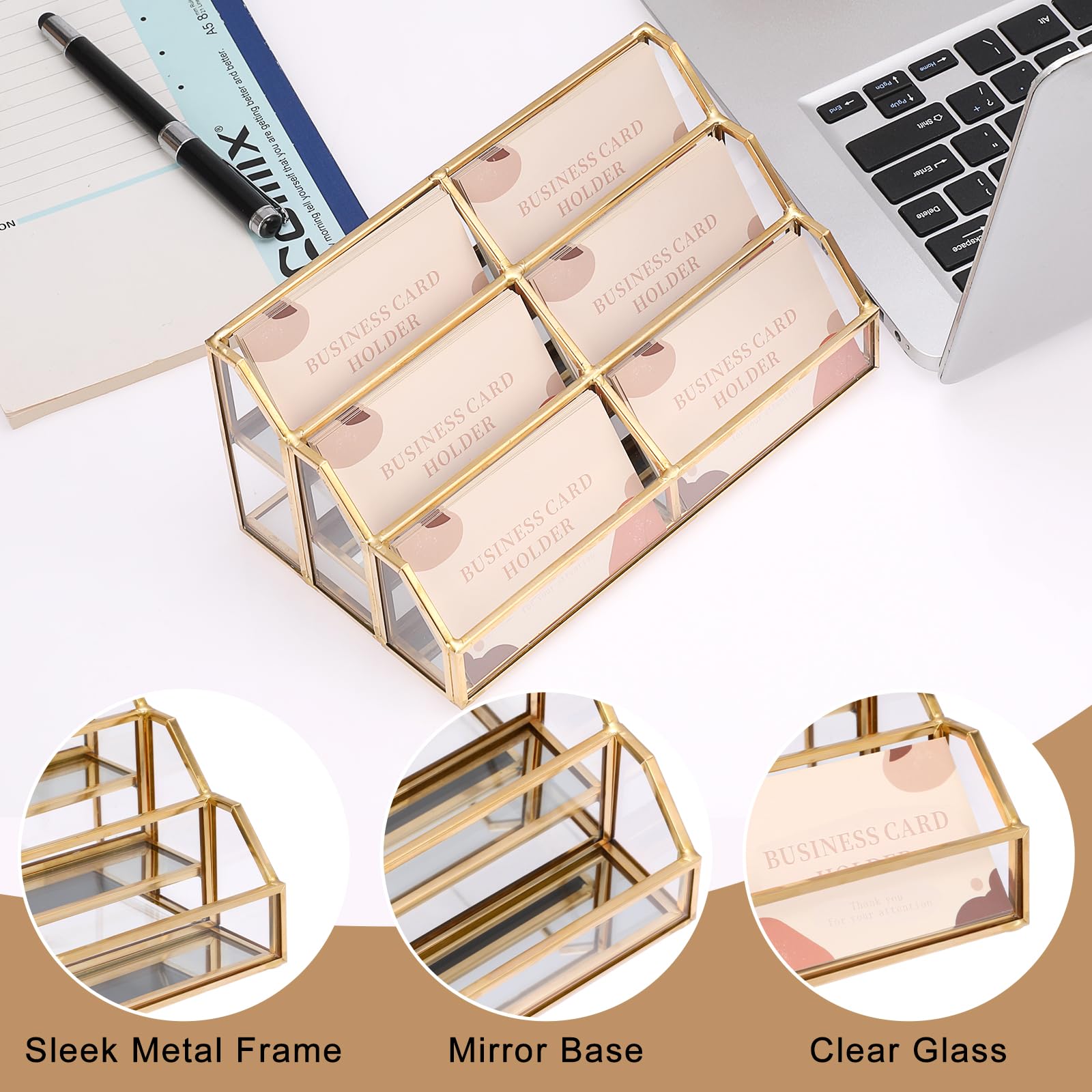Hipiwe Gold Glass Business Card Holder for Desk, 6-Slot Can Holds 400 Cards