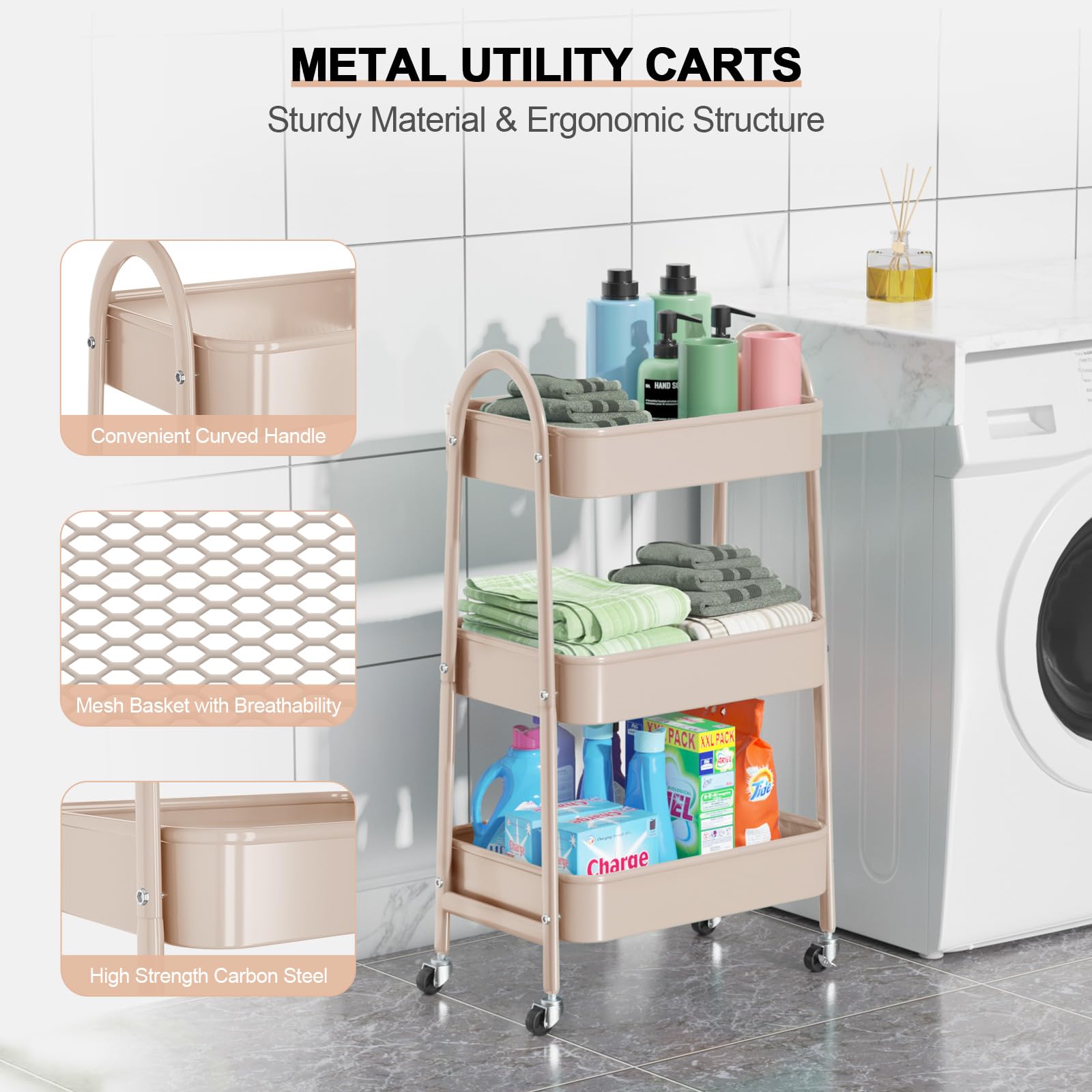 EAGMAK 3 Tier Utility Rolling Cart, Metal Storage Cart with Handle and Lockable Wheels