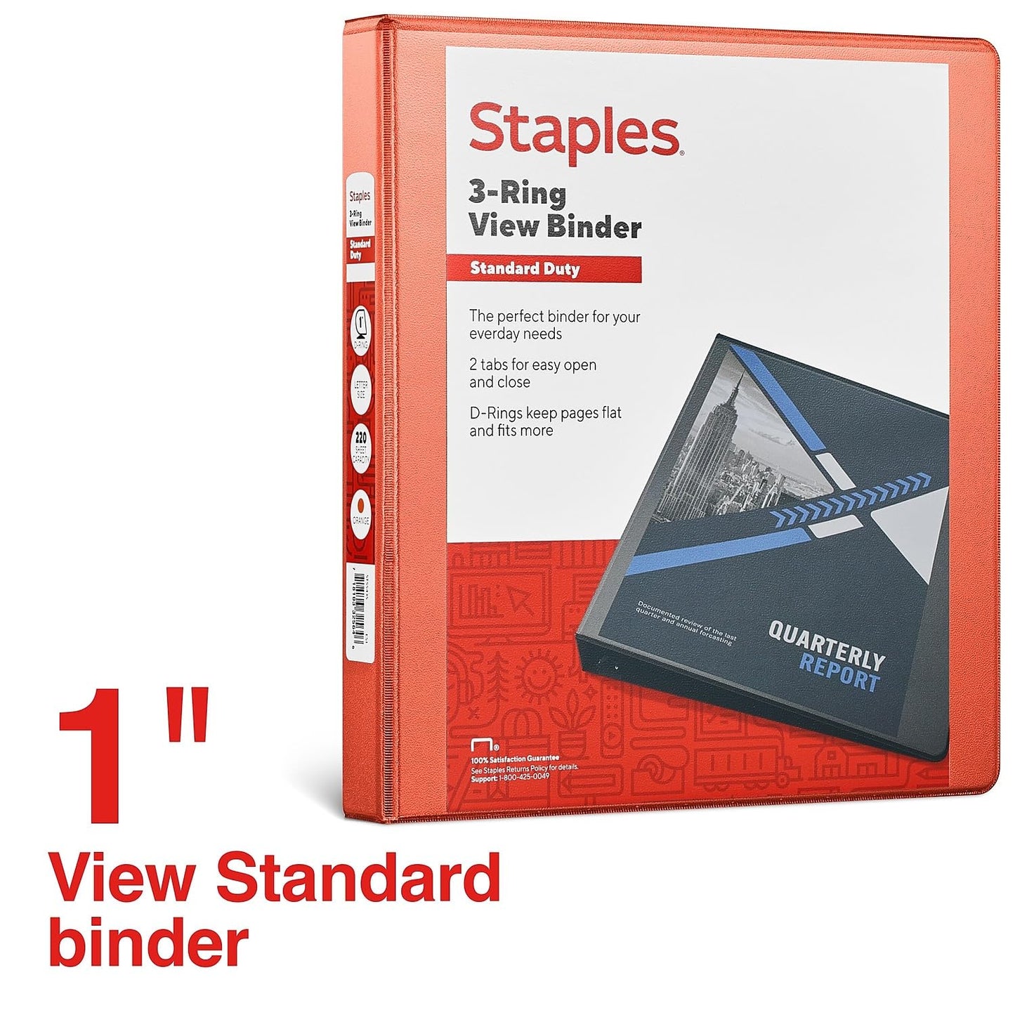 Staples Standard 1-Inch 3-Ring View Binder, Orange, 220 Sheets