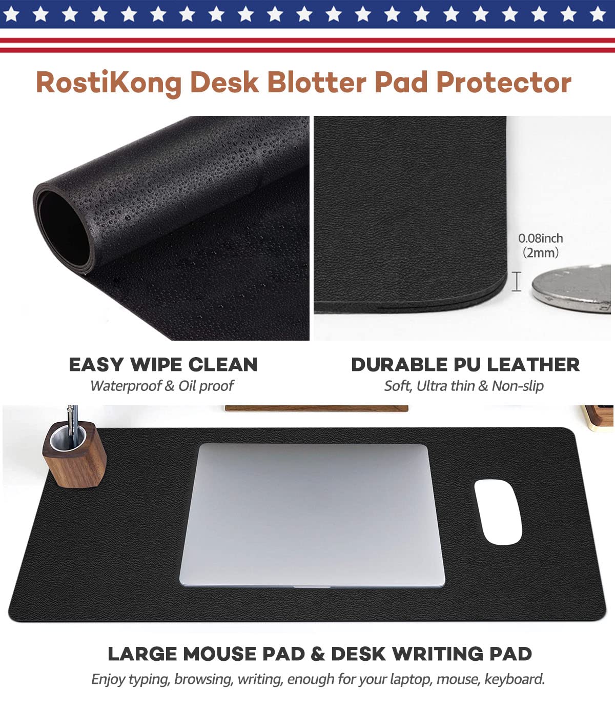 RostiKong Multifunctional Office Desk Pad Non-Slip Desk Mouse Pad Waterproof PU Leather Desk Table