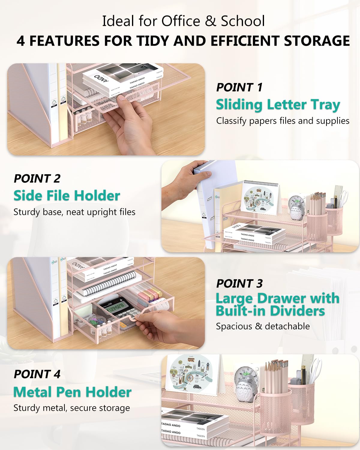 WALI Desk File Organizer, 4 Tier Desktop Paper Letter Tray Organizer with Drawer and 2 Pen Holders