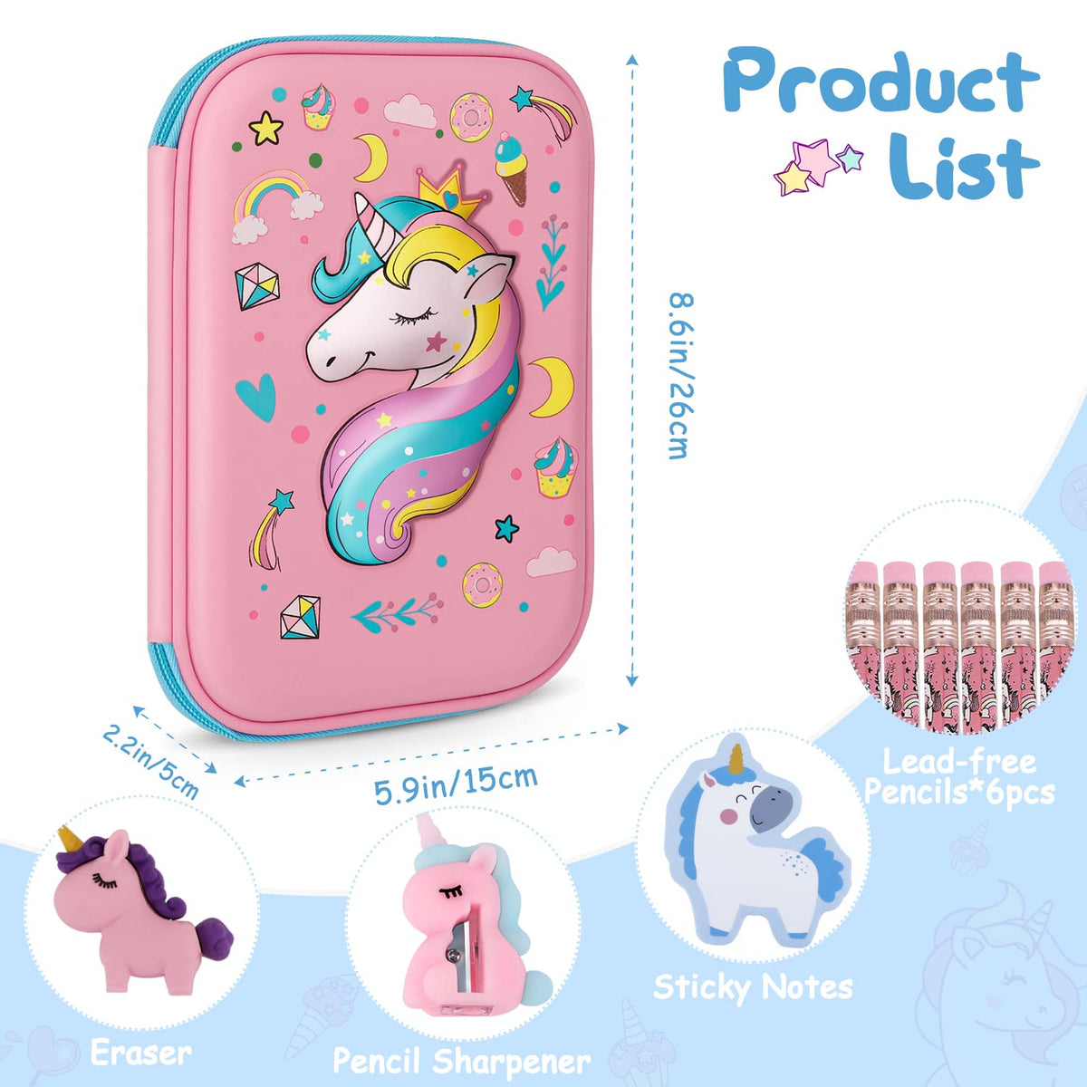 homicozy Pencil Case for Girls,Cute Unicorn Stationary Set for Kids,3D EVA School Large Capacity
