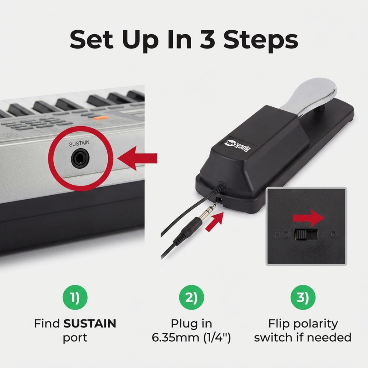RockJam 6.35mm Sustain Pedal for Electronic Keyboards and Digital Pianos with Polarity Switch