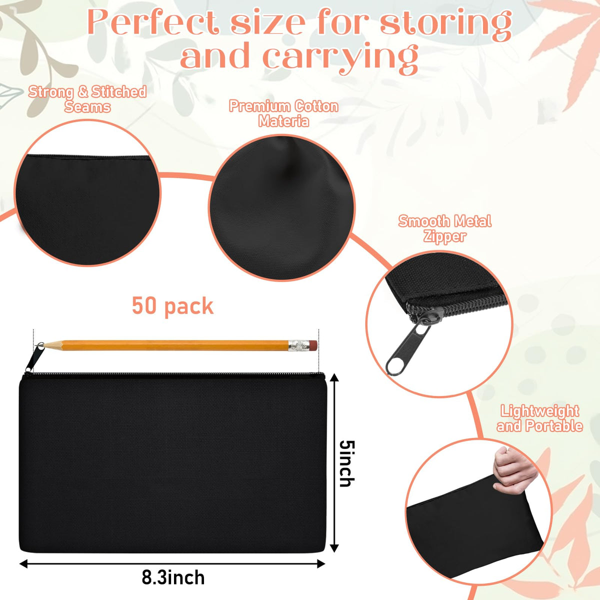 Legigo 50 Pack Blank Canvas Bag Zipper Pouch Makeup Bags Bulk, Black