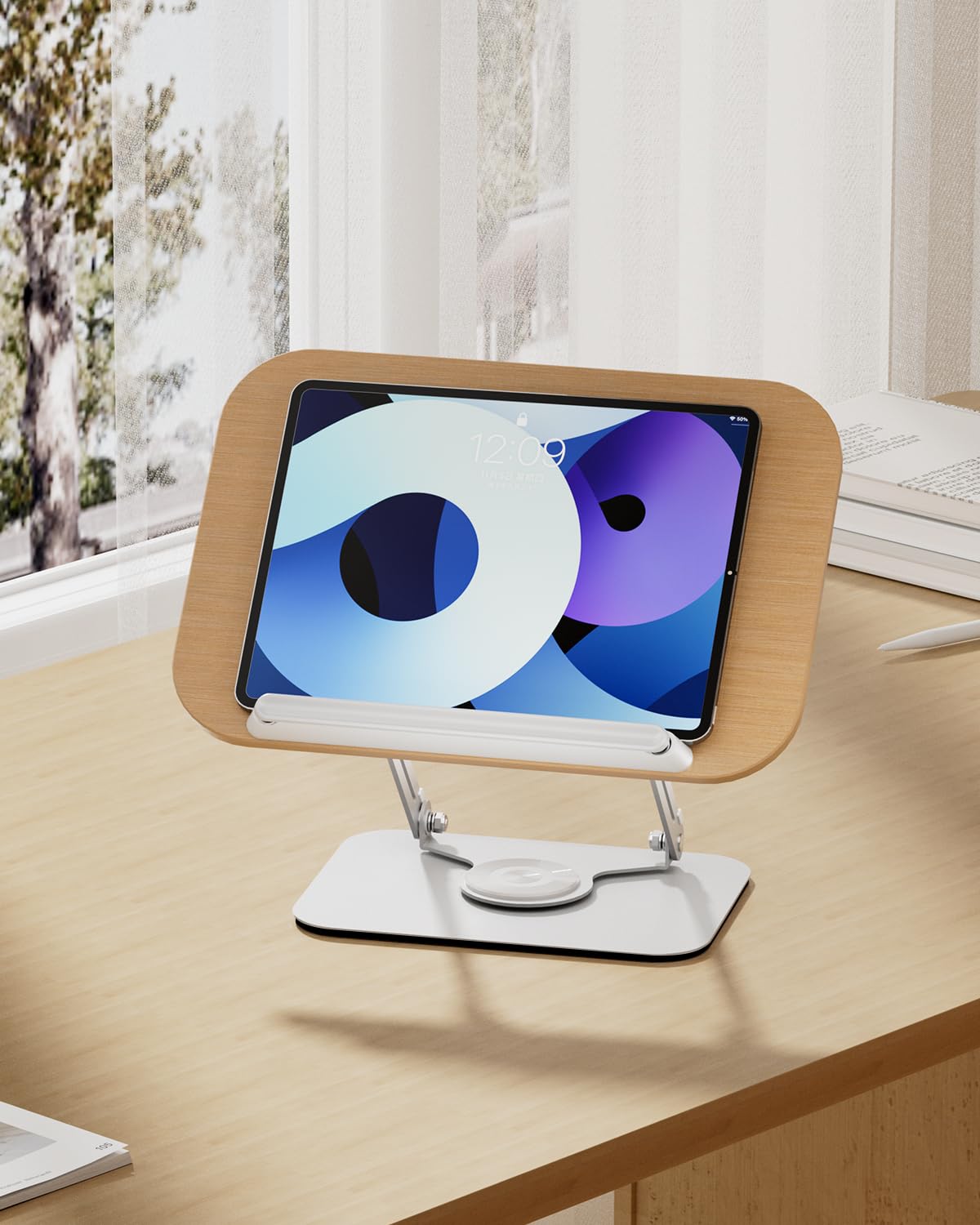 Viozon Book Stand for Reading,Book Holder, Height&Angle Adjustable, 360° Rotating Base, Foldable
