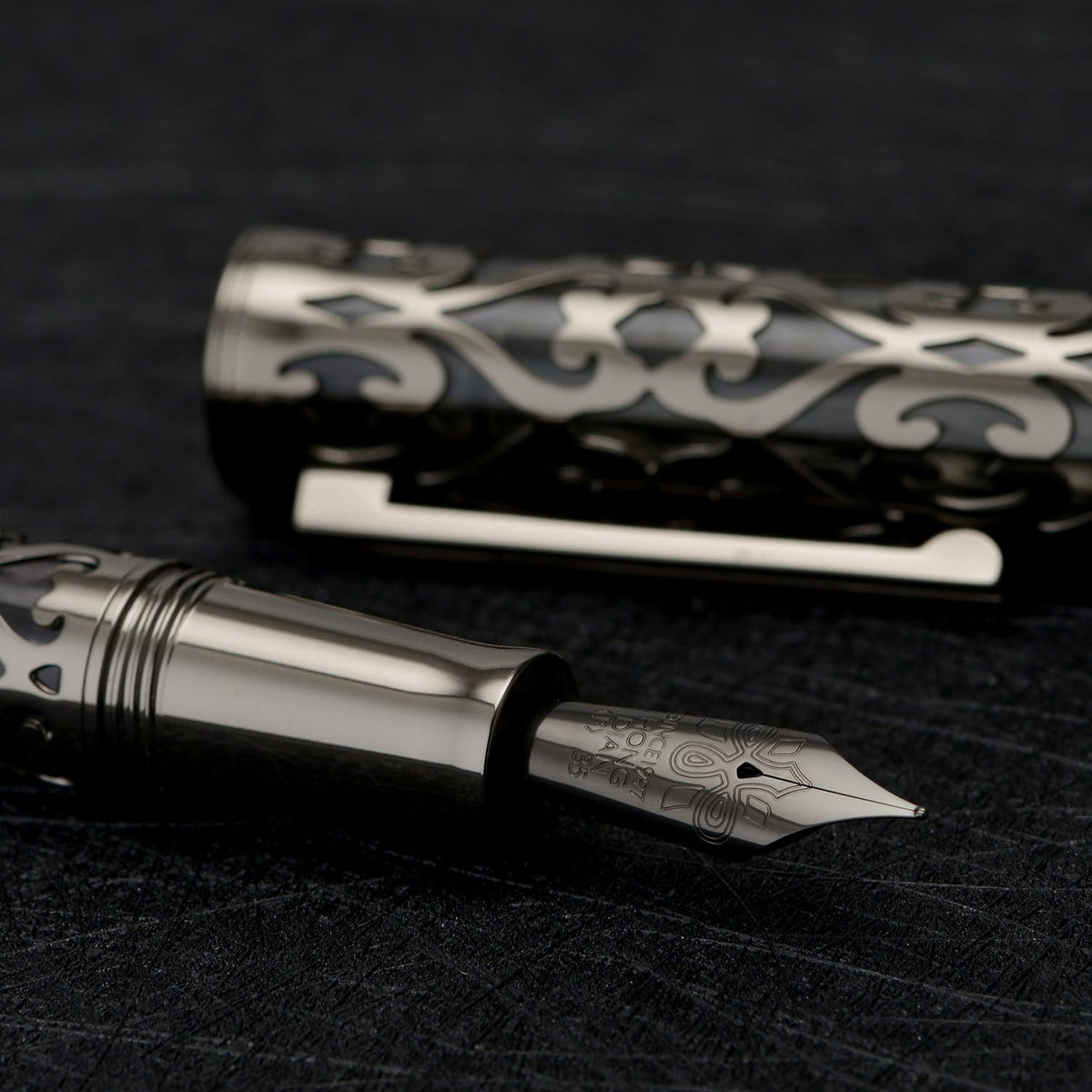HONG DIAN D1 Piston Fountain Pen Fine Soft Nib, Jet Black Hollow Skeleton & Resin Pen with Metal