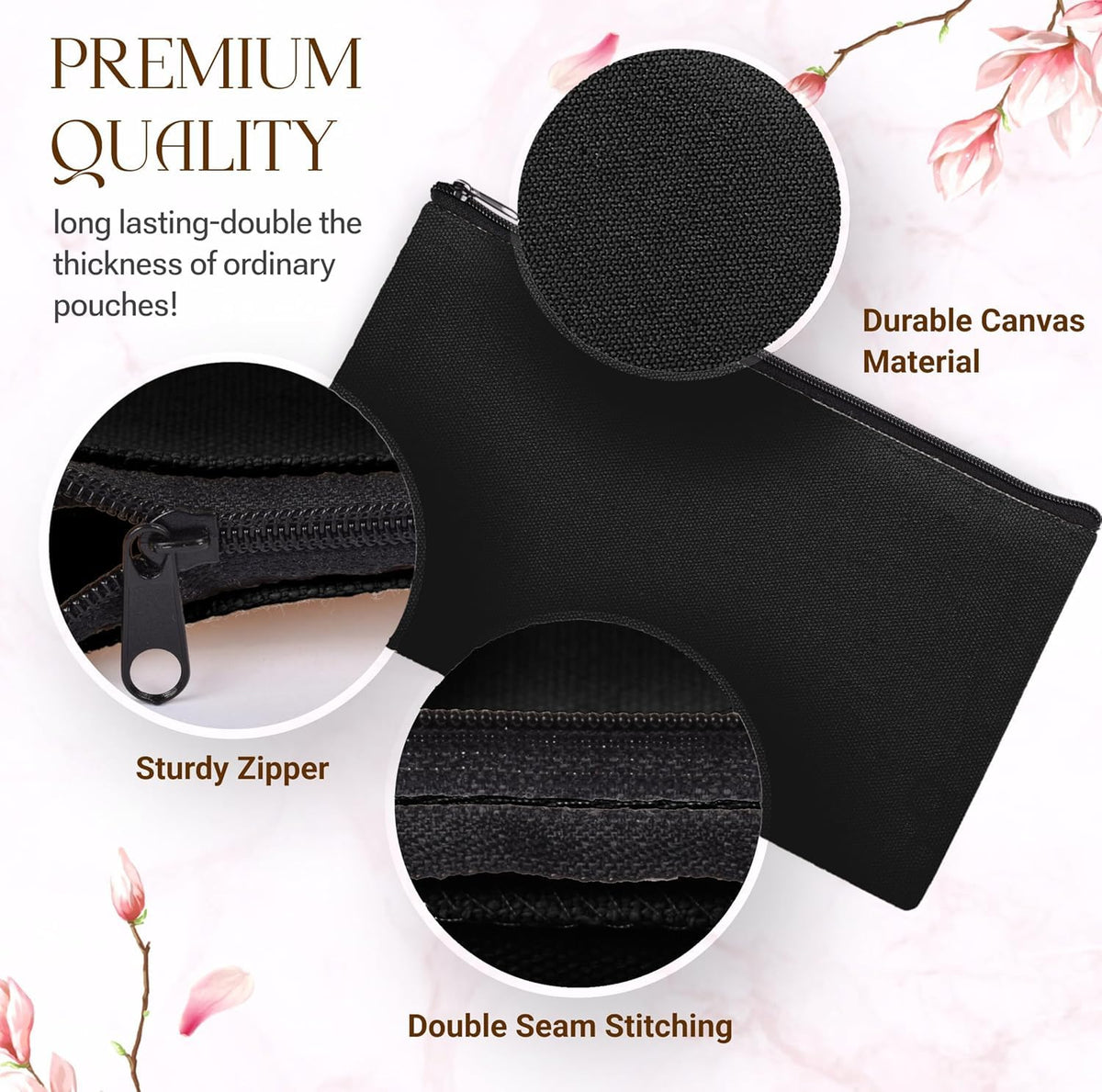 80pcs Black canvas Zipper Pouch Makeup Bags Bulk Pencil Case, Smooth Zipper