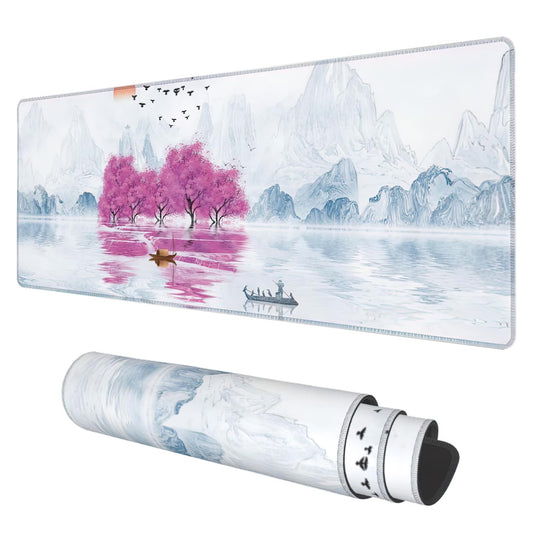 Desk Mat, Cherry Blossom Tree Oil Ink Painting Extended Gaming Mouse Pad Large, 31.5"x11.8" Big