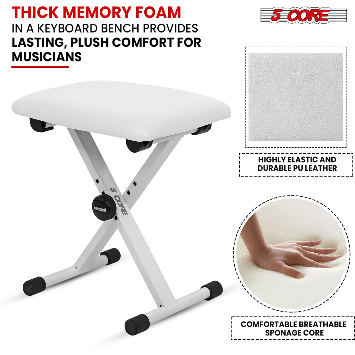 5 CORE Keyboard Bench X Style Padded Cushion Height Adjustable Piano Stool Seat Portable Keyboard