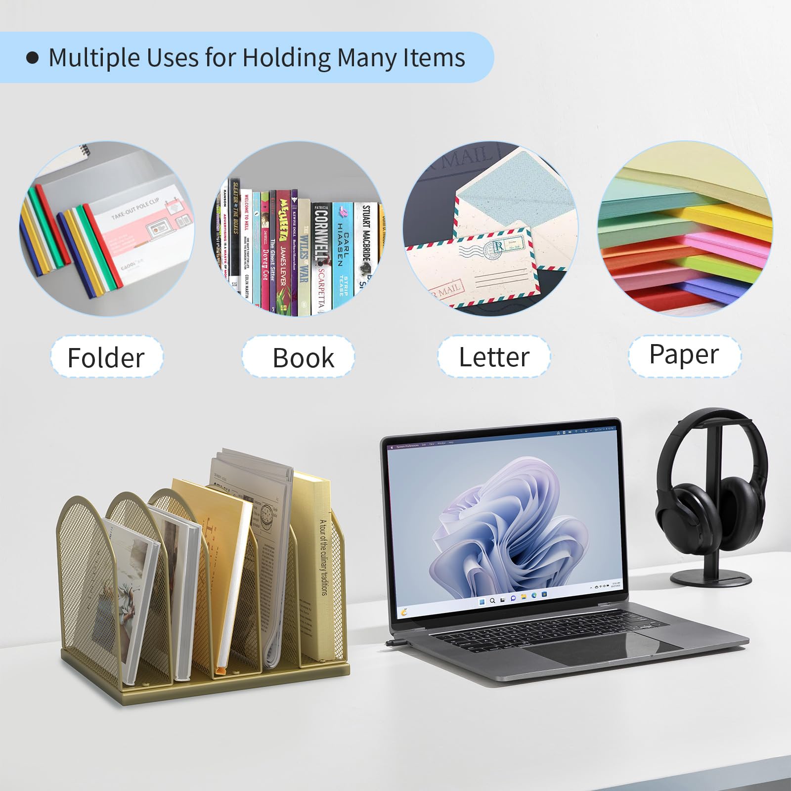 Gawerk 5-Section Vertical Desktop Organizer, 5-Section Mesh File Folder Stand Sorter for Office