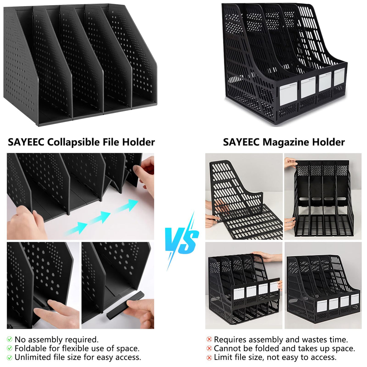SAYEEC Collapsible Magazine Holder Plastic Desktop 4 Compartment File Rack Magazine Organizer