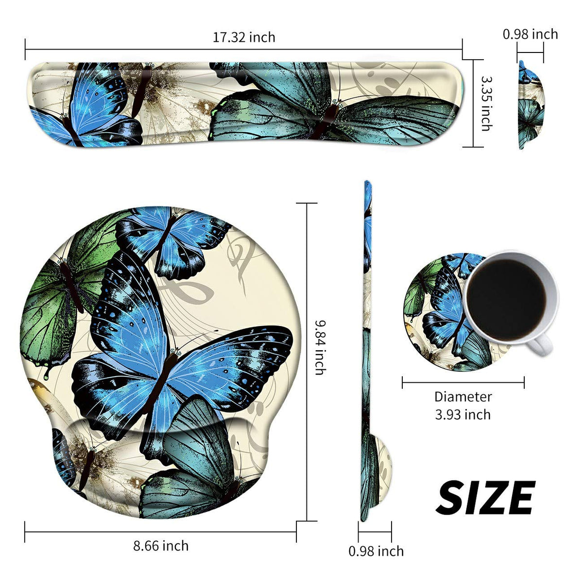 BEOTIWAD Memory Foam Mouse Pad Wrist Rest Set,Blue Butterfly