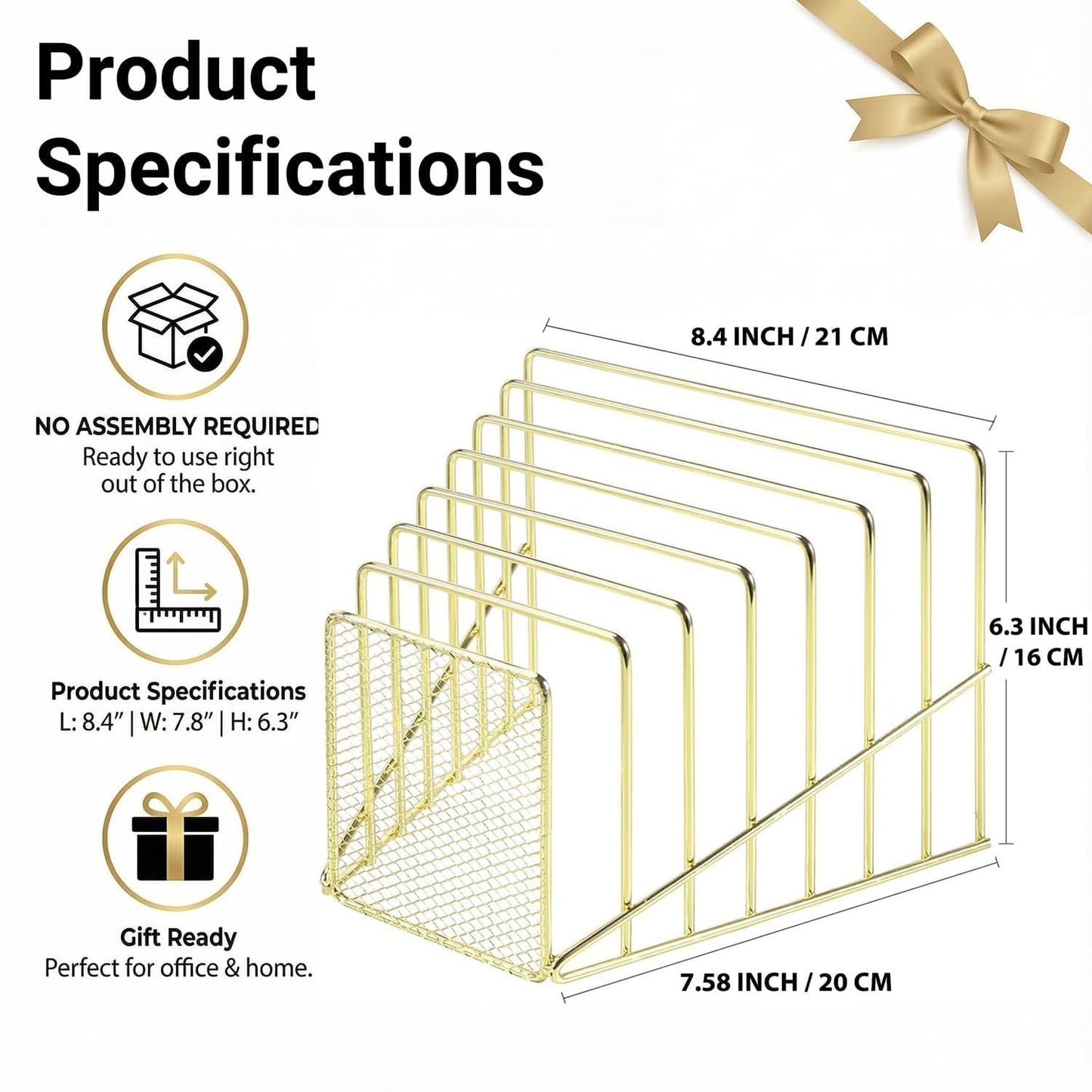 Simmer Stone Gold Desk Organizer 7 Slot Inclined Vertical File Folder Holder Sorter with Mesh Front