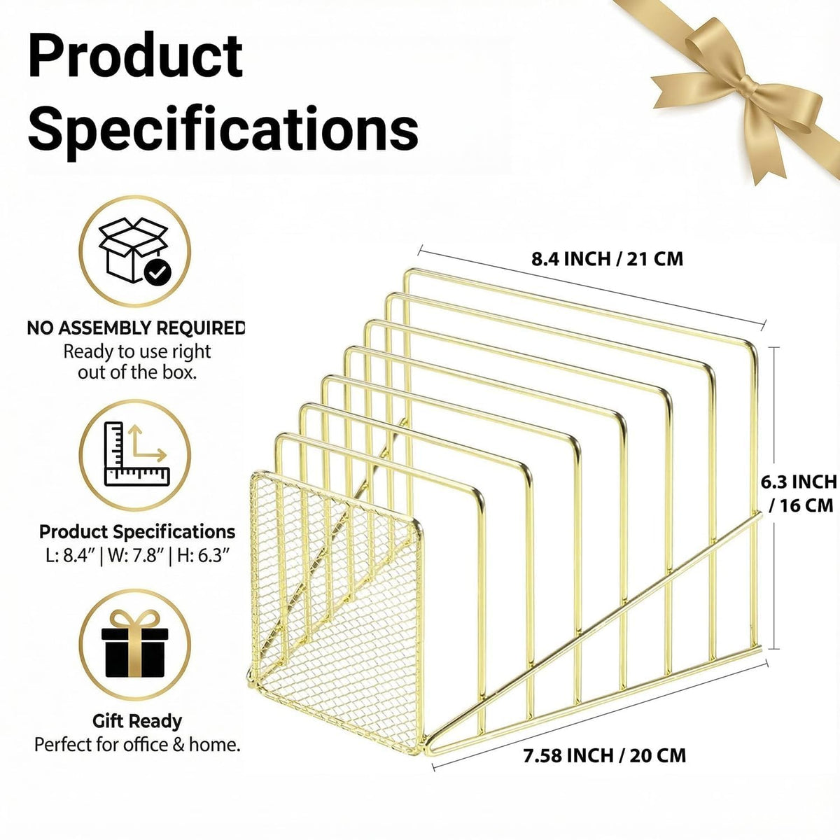 Simmer Stone Gold Desk Organizer 7 Slot Inclined Vertical File Folder Holder Sorter with Mesh Front