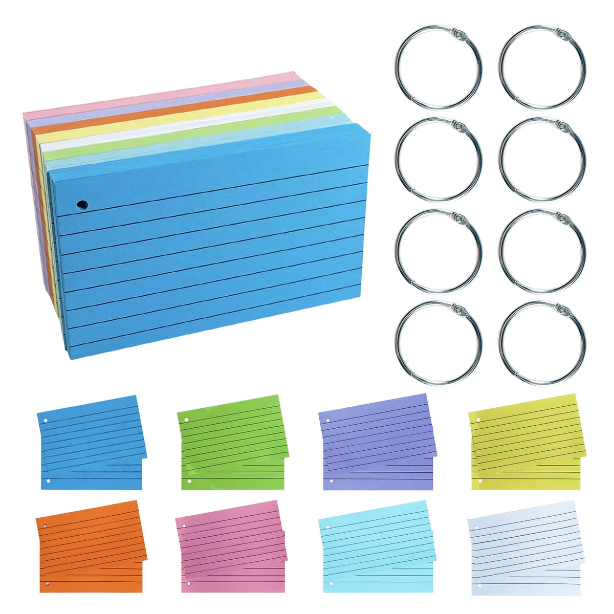 TFLFL Index Cards 3x5 Inch, 600PCS Flash Cards with Rings 8 Colors Ruled Index Cards, Assorted