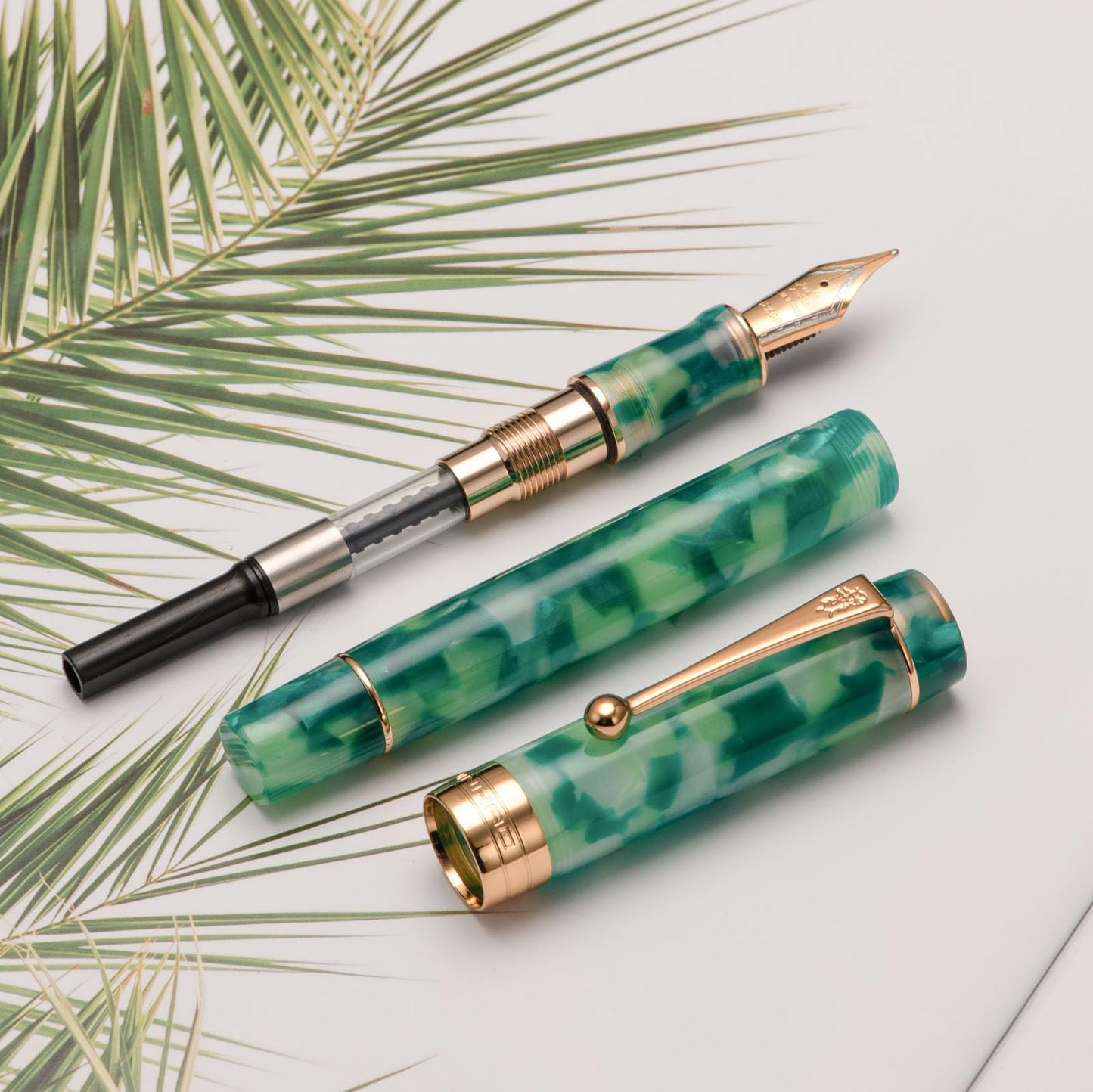 Jinhao 100 Fountain Pen Classic Style Green Marble Acrylic, Fine Point with Converter and Gold Trim