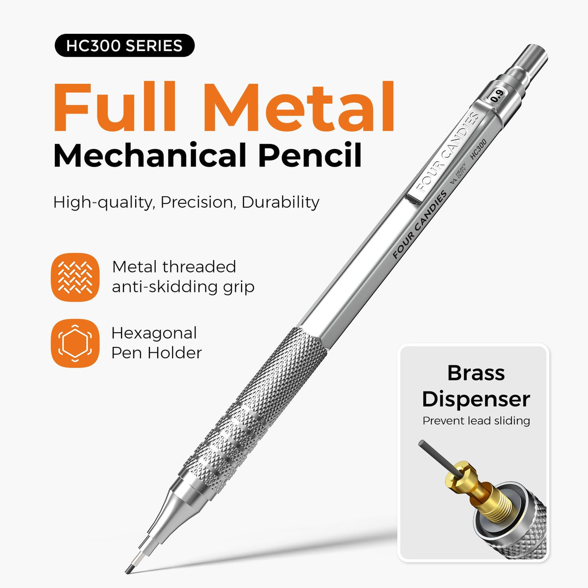 Four Candies Metal Mechanical Pencil Set, 3PCS Art Drafting Pencils 0.5, 0.7, 0.9MM & 2PCS 2MM
