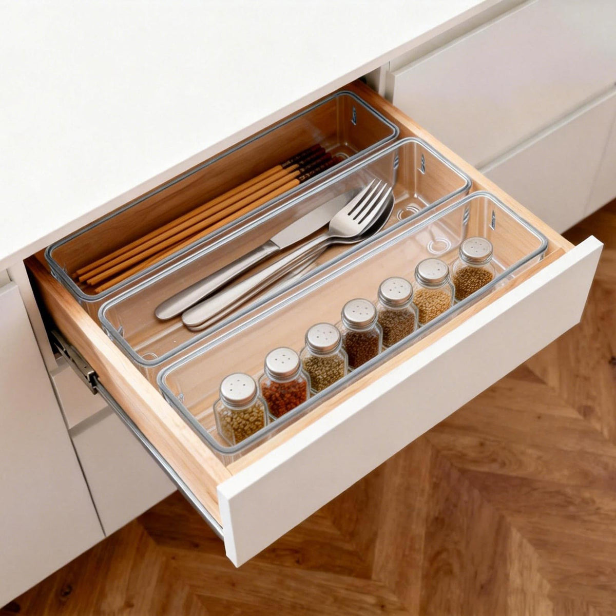 Ohlove 6 Pcs Large Clear Plastic Drawer Organizers Tray 12"x3" Storage Bins with 25 Pcs Non-Slip