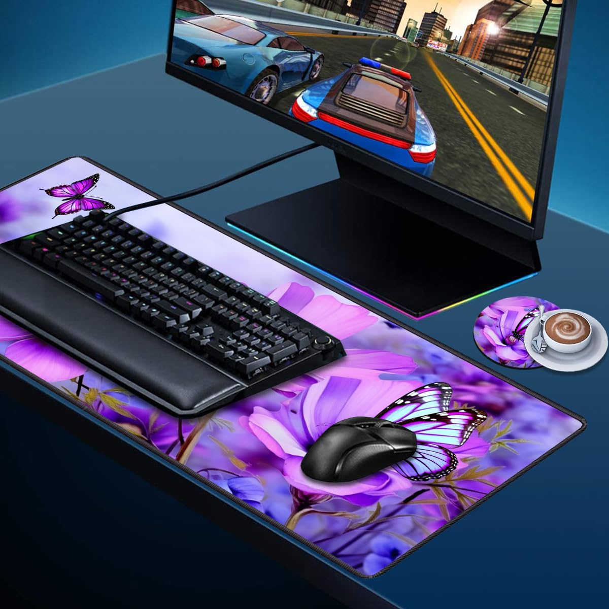 Desk Pad Mat Gaming Mouse Pads with Coasters, 31.5"x 11.8" XXL Large Gaming Mouse Mat Desk Pad with