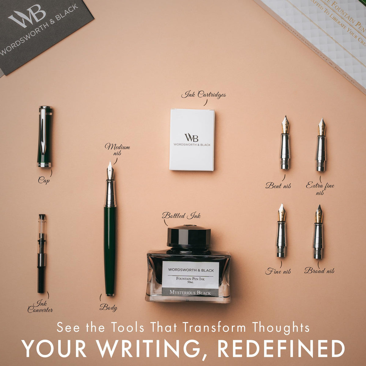 Wordsworth & Black Luxury Fountain Pen Set for Writing, 6 Nibs, Green