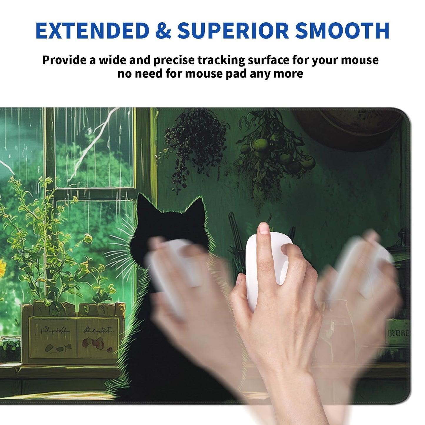 Green Black Cat Mouse Pad Abstract Green Mouse Pad 31.5x11.8 Inch Cat Texture Non-Slip Rubber Base