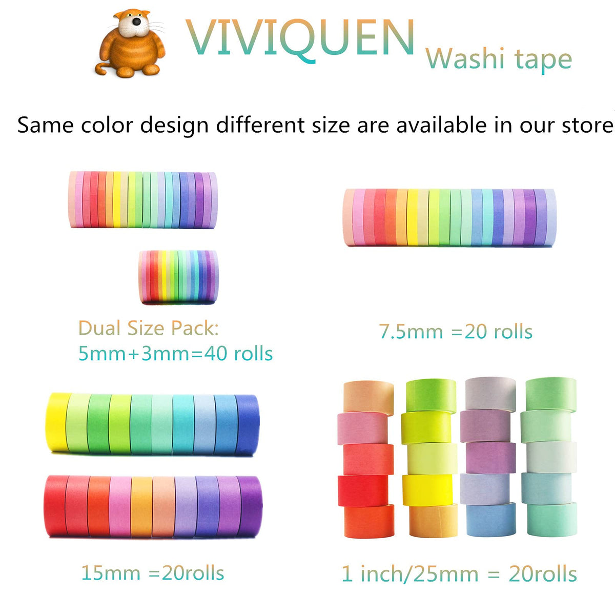 VIVIQUEN Washi Tape Set 40 Rolls Masking Tape Pack Colorful Decorative Thin Tapes Fit DIY
