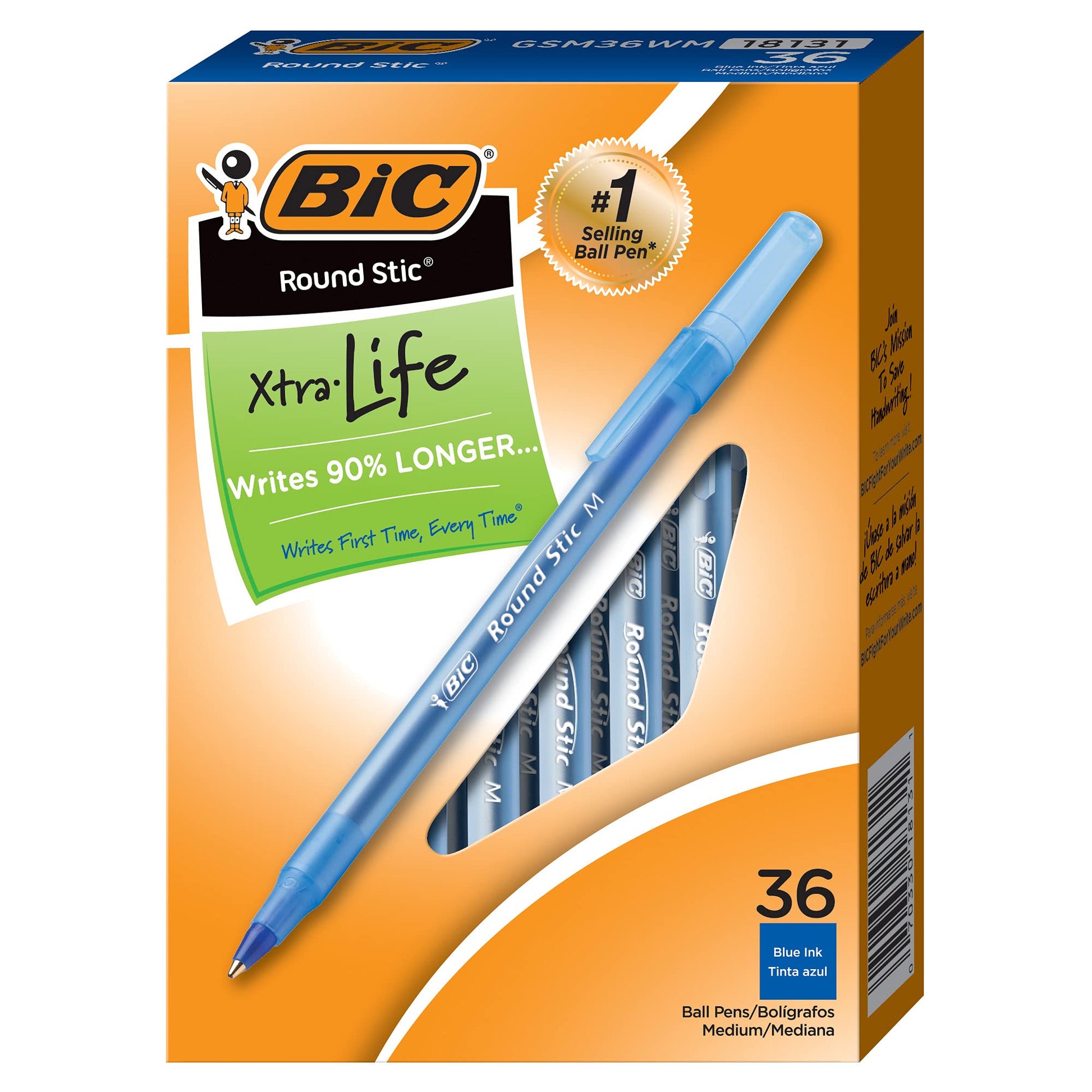 BIC Round Stic Xtra Life Ballpoint Pen, Medium Point (1.0mm), Blue, Flexible Round Barrel For