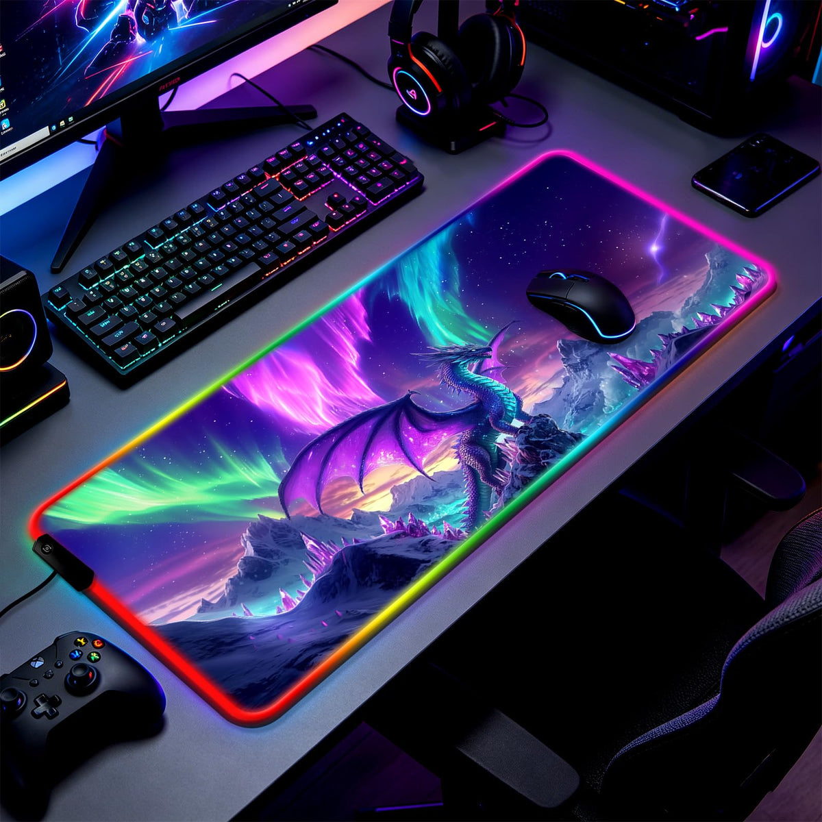 JIANG100 RGB Dragon Under Aurora Sky Gaming Desk Mat & Mouse Pad, XL