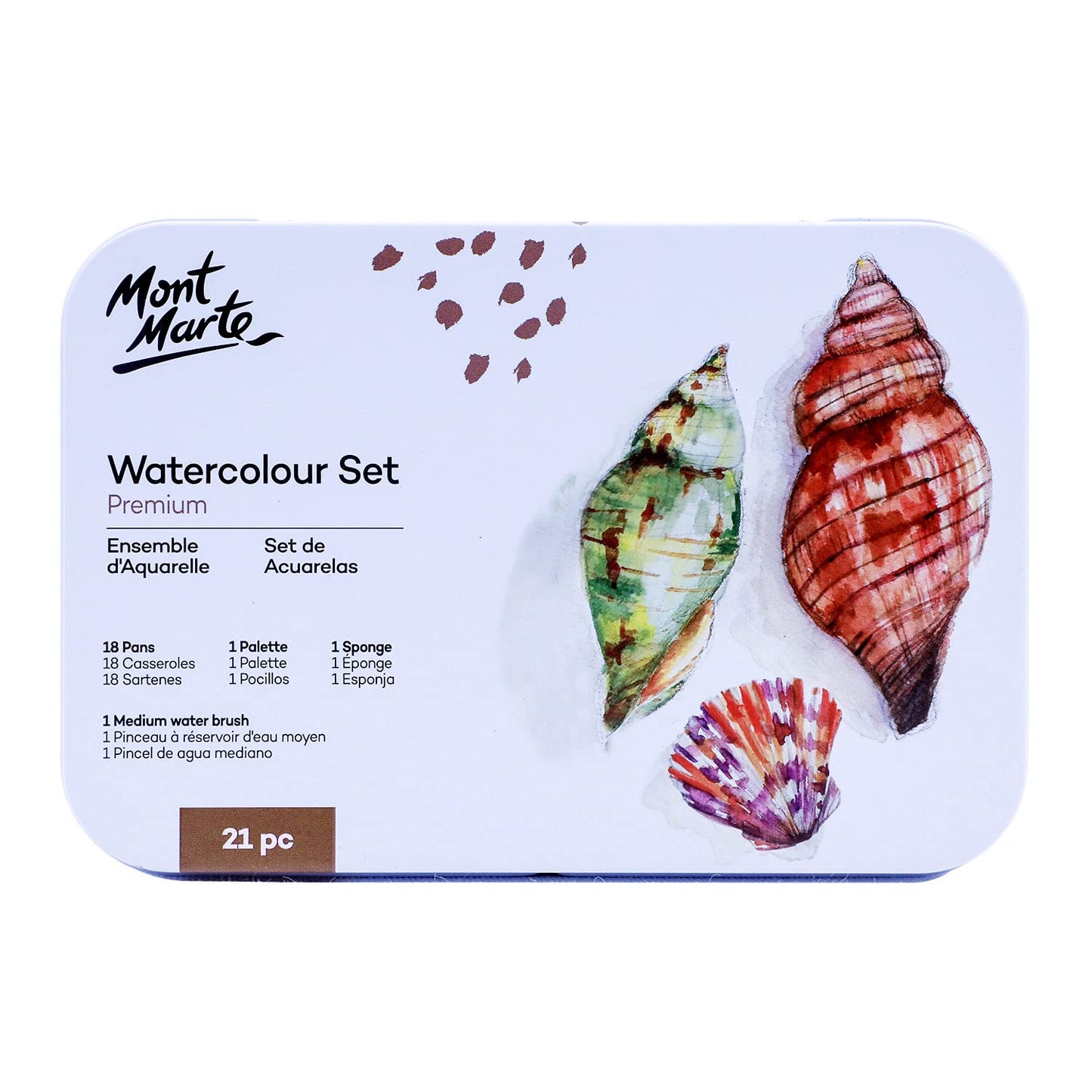 Mont Marte Premium Watercolor Cake Set, 21 Piece, 18 Colors, 1 Water Brush, 1 Sponge, 4 Mixing Wells
