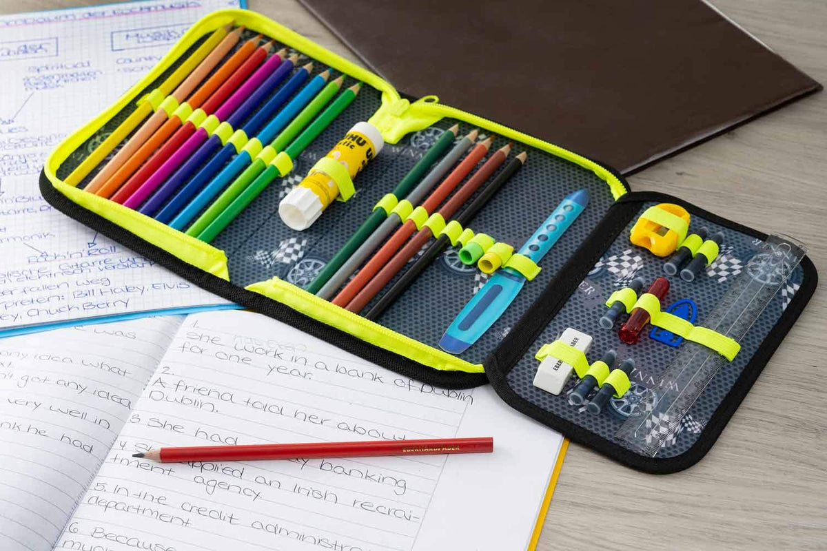 Eberhard Faber 577574 Race Car Case with Inner Flap and Zip, 32 Pieces Filled with Coloured, Ruler