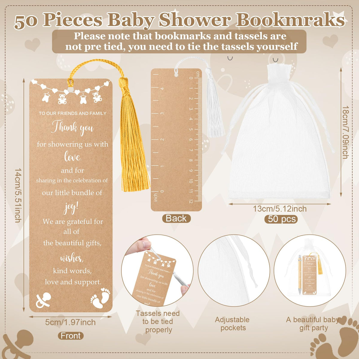 Gilprop 50 Sets Kraft Brown Baby Shower Favors for Guests Includes 50 Baby Shower Ballpoint Pens 50