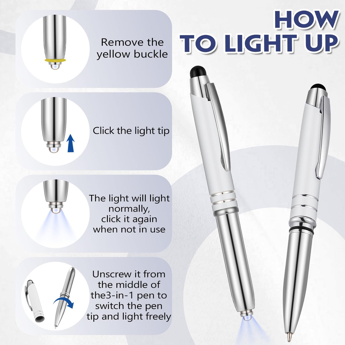 Zonon 15 Pcs Stylus Pen with Light, 3 in 1 Ballpoint Pens, White