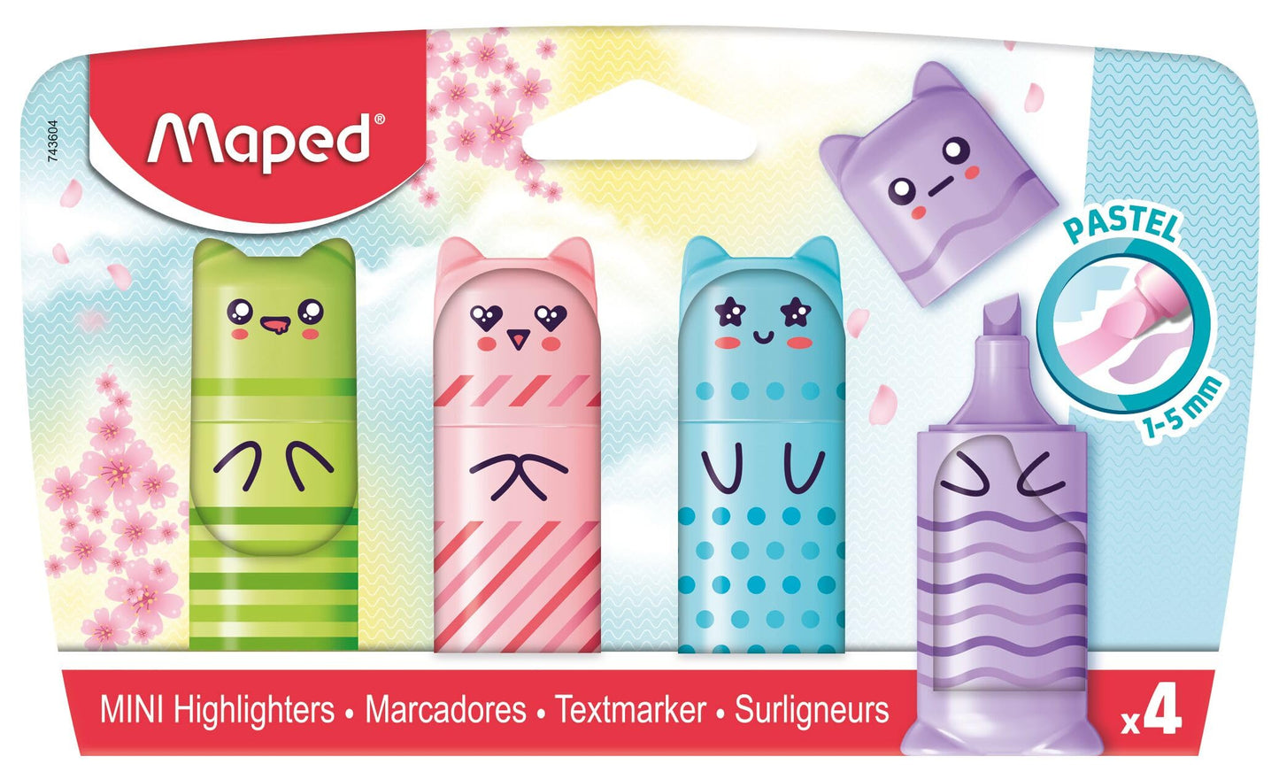Maped - Pastel Mini Highlighters - Pocket Highlighters in Character Shape - 4 Pastel Colours: