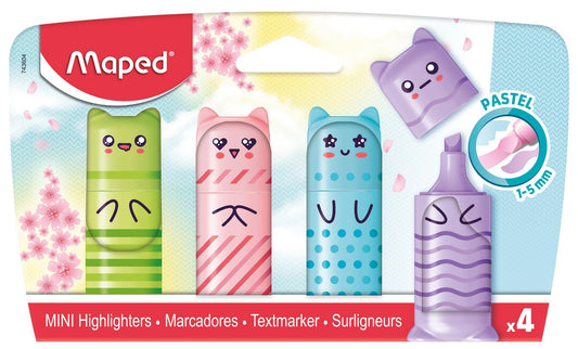 Maped - Pastel Mini Highlighters - Pocket Highlighters in Character Shape - 4 Pastel Colours: