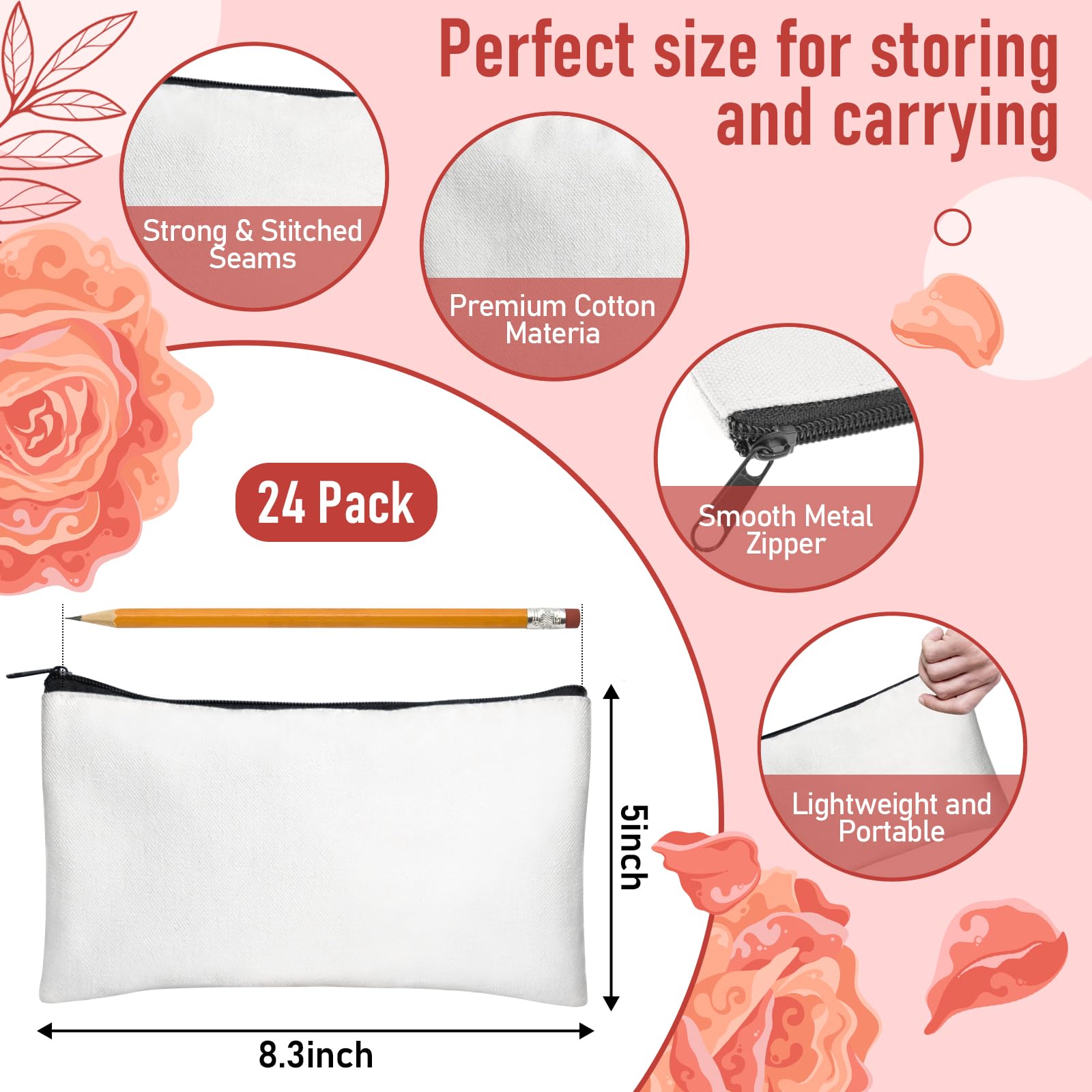 Legigo 24 Pack Blank Canvas Bag Zipper Pouch Makeup Bags Bulk- Multi-Purpose White Canvas Pencil