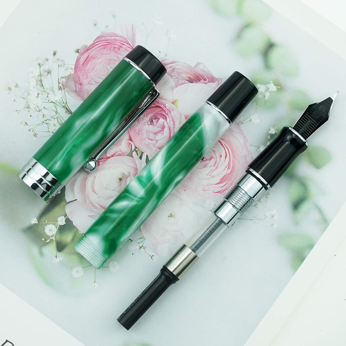 Jinhao 100 Classic Fountain Pen Green White Marble Celluloid, Extra Fine Nib with Converter and Pen