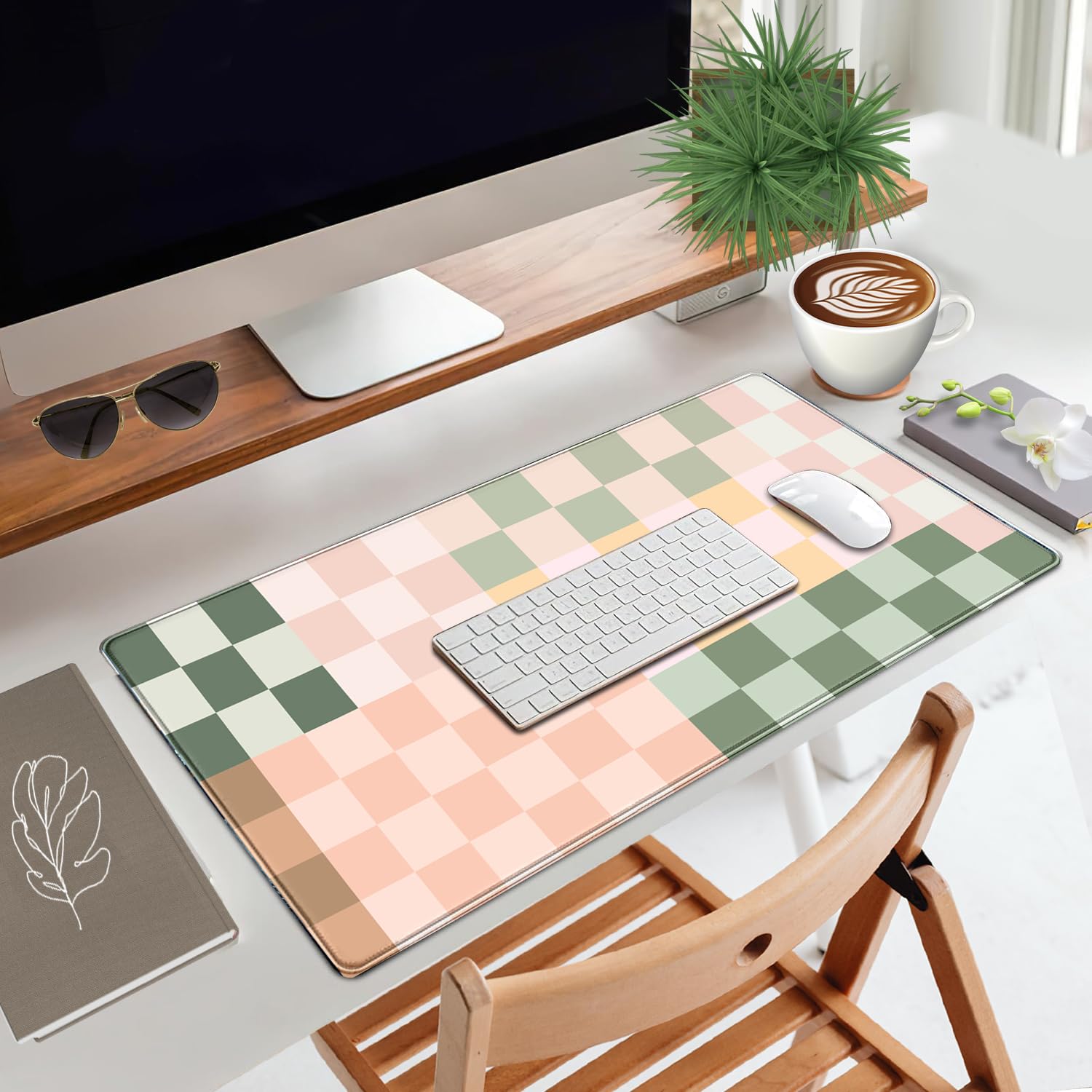 Checkered Desk Mat Cute Pink Pastel XXL Large Mouse Pad Aesthetic Boho Desk Pad with Stitched
