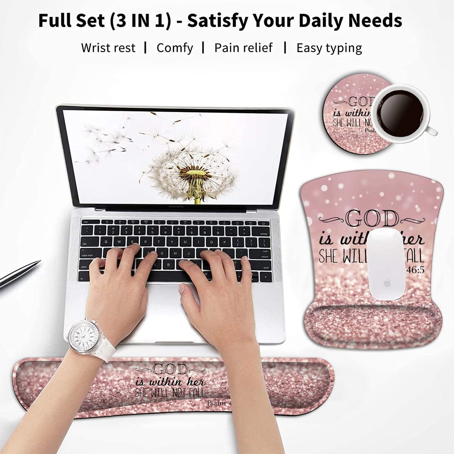 Keyboard Wrist Rest and Mouse Pad Wrist Support Set,Psalm 46:5 God is Within Her,She Will Not Fall