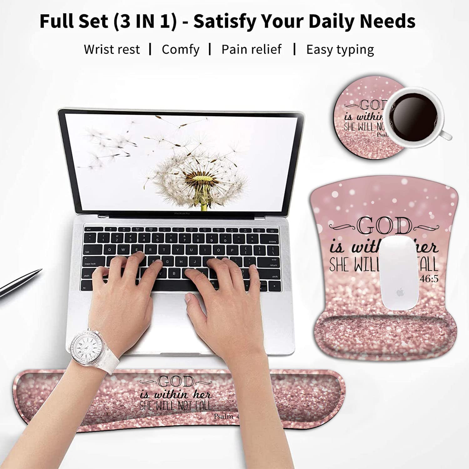 Keyboard Wrist Rest and Mouse Pad Wrist Support Set,Psalm 46:5 God is Within Her,She Will Not Fall