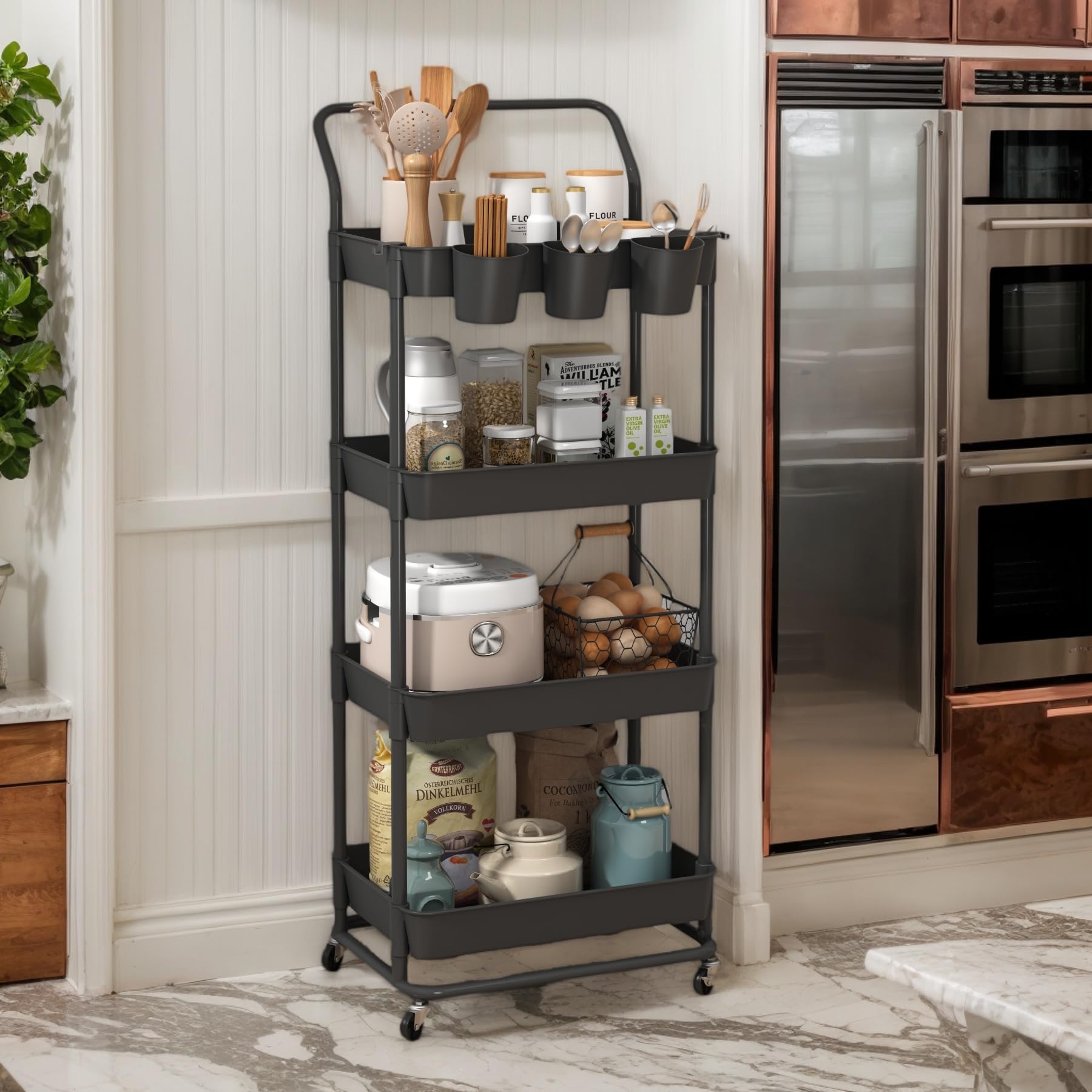 Buzowruil 4-Tier Rolling Utility Cart, Storage Cart with Handle Multi-Purpose and Locking