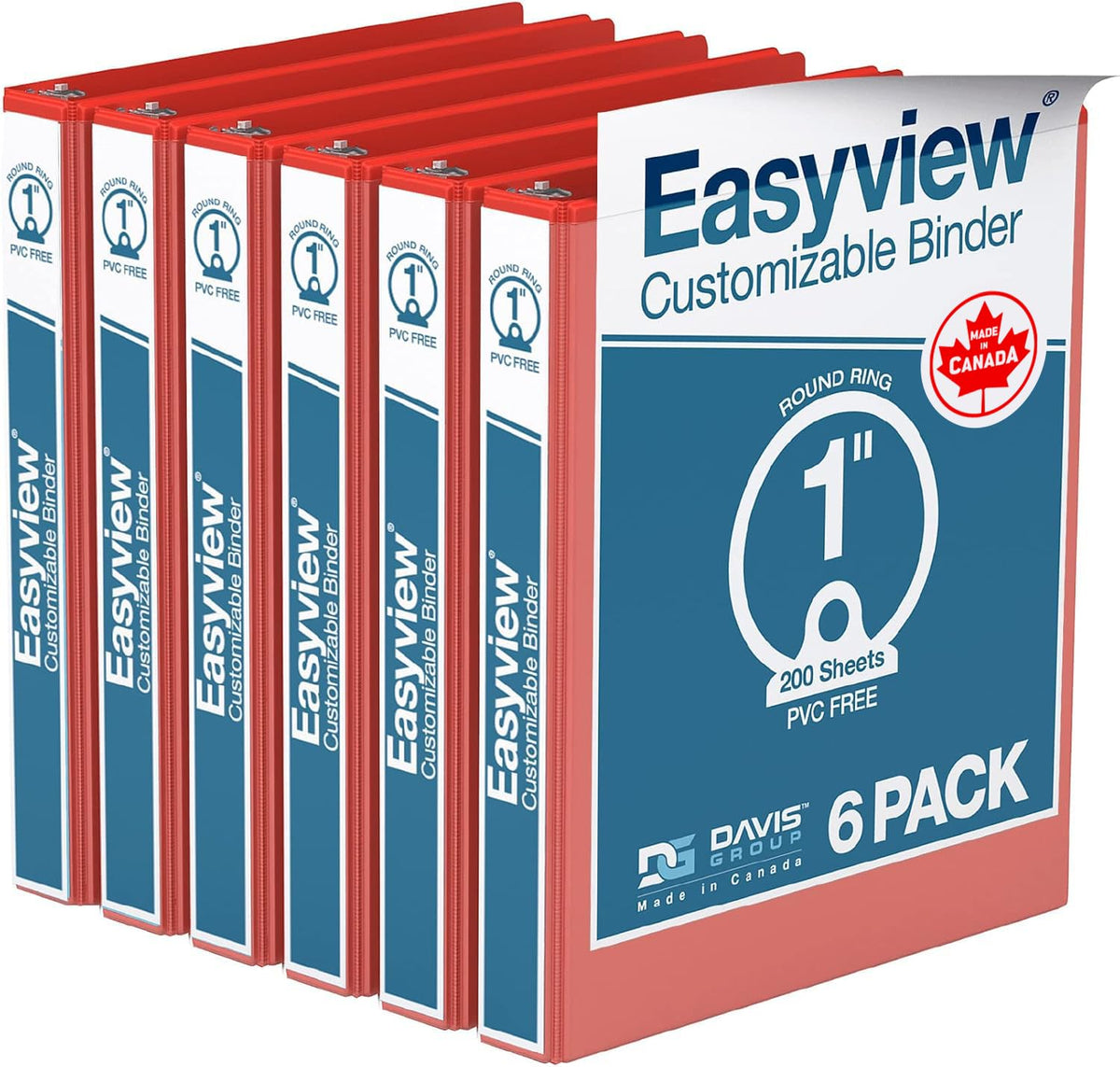 Easyview 3-Ring Binder, Clear-View Cover, 1" Round Rings, Red, 6 Pack