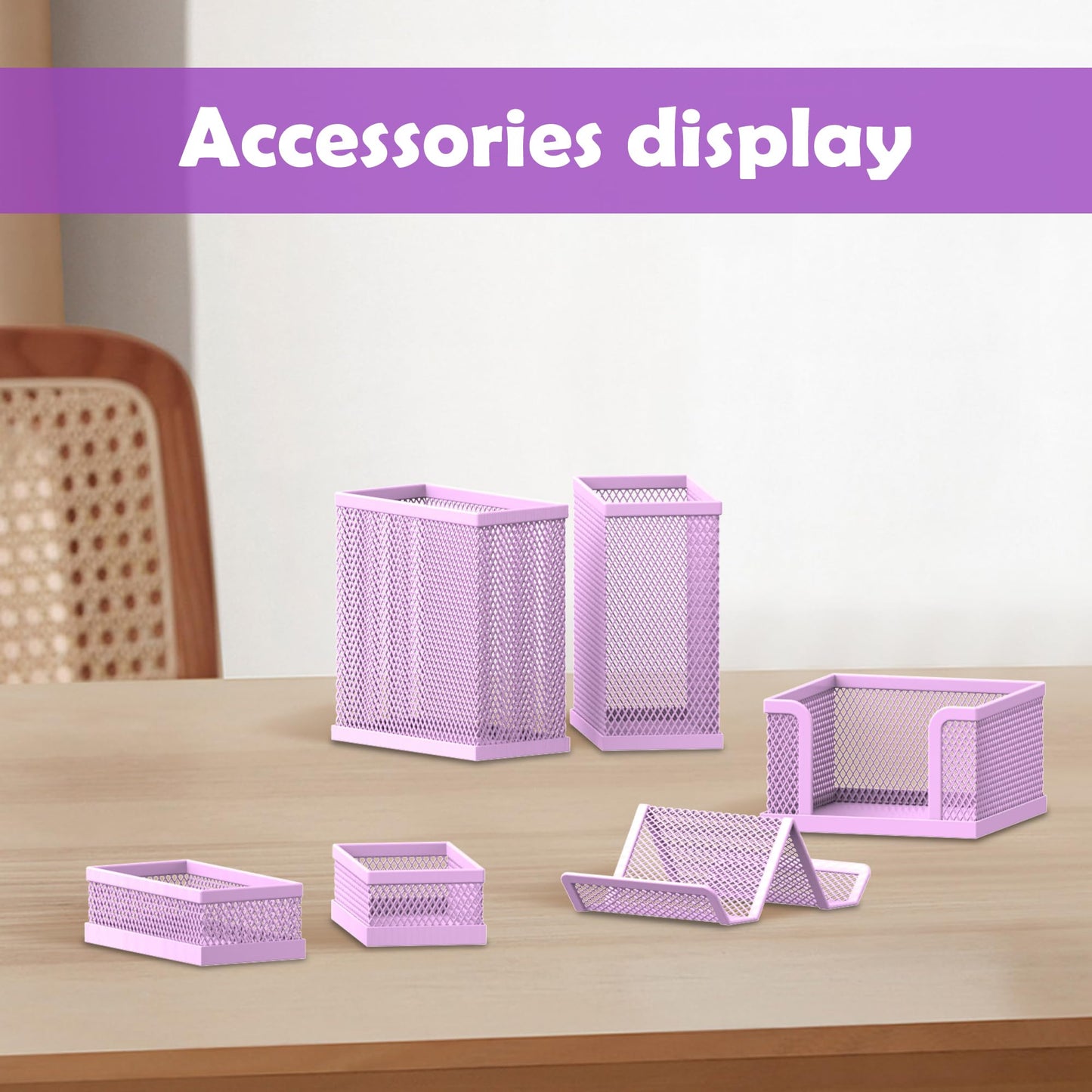 Pen Holder for Desk, 6-Piece Mesh Desk Organizer with Phone Holder, Purple