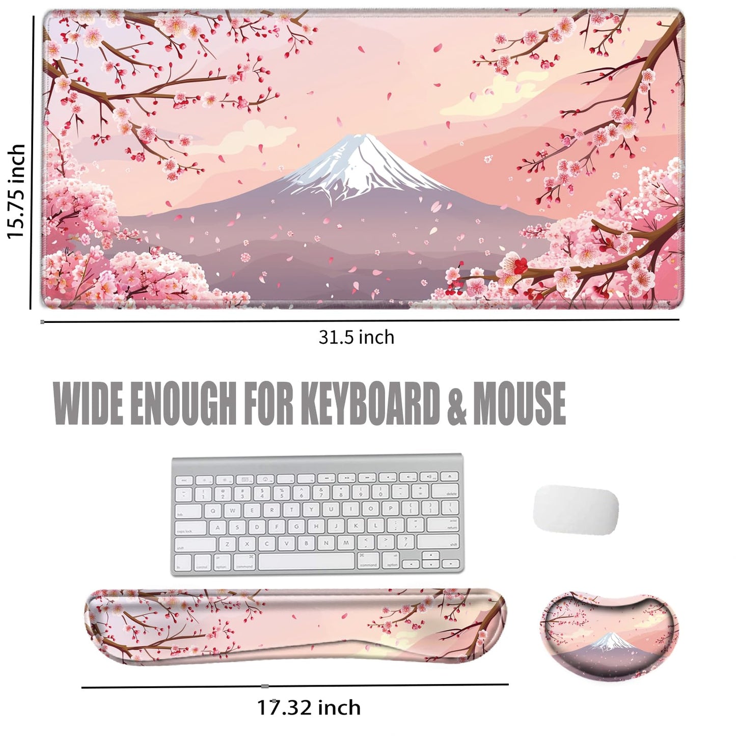 Cherry Blossom Mouse Pad and Keyboard Wrist Rest Japanese Pink Desk Mat Set Gaming Mousepad with