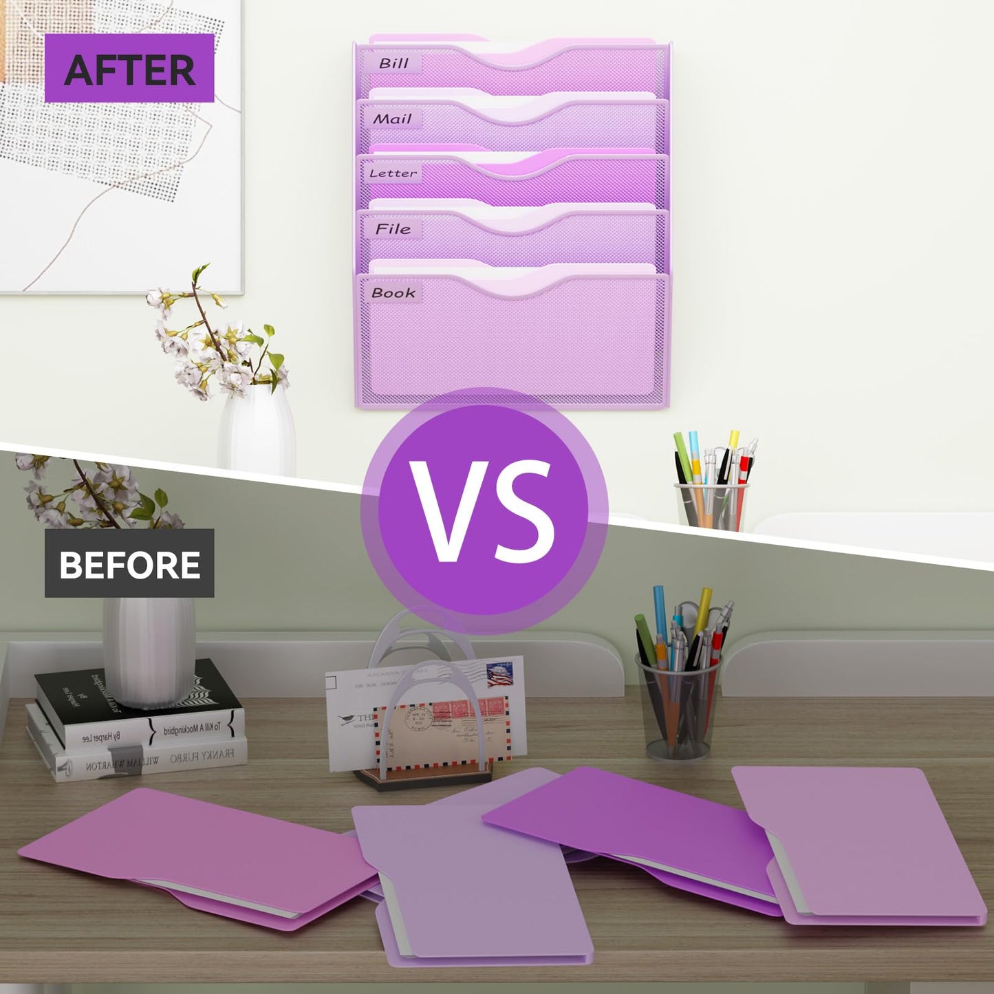 GDINDINFAN 5 Pockets Hanging Wall File Organizer Mail Holder, Wall Mounted Paper Document Folder