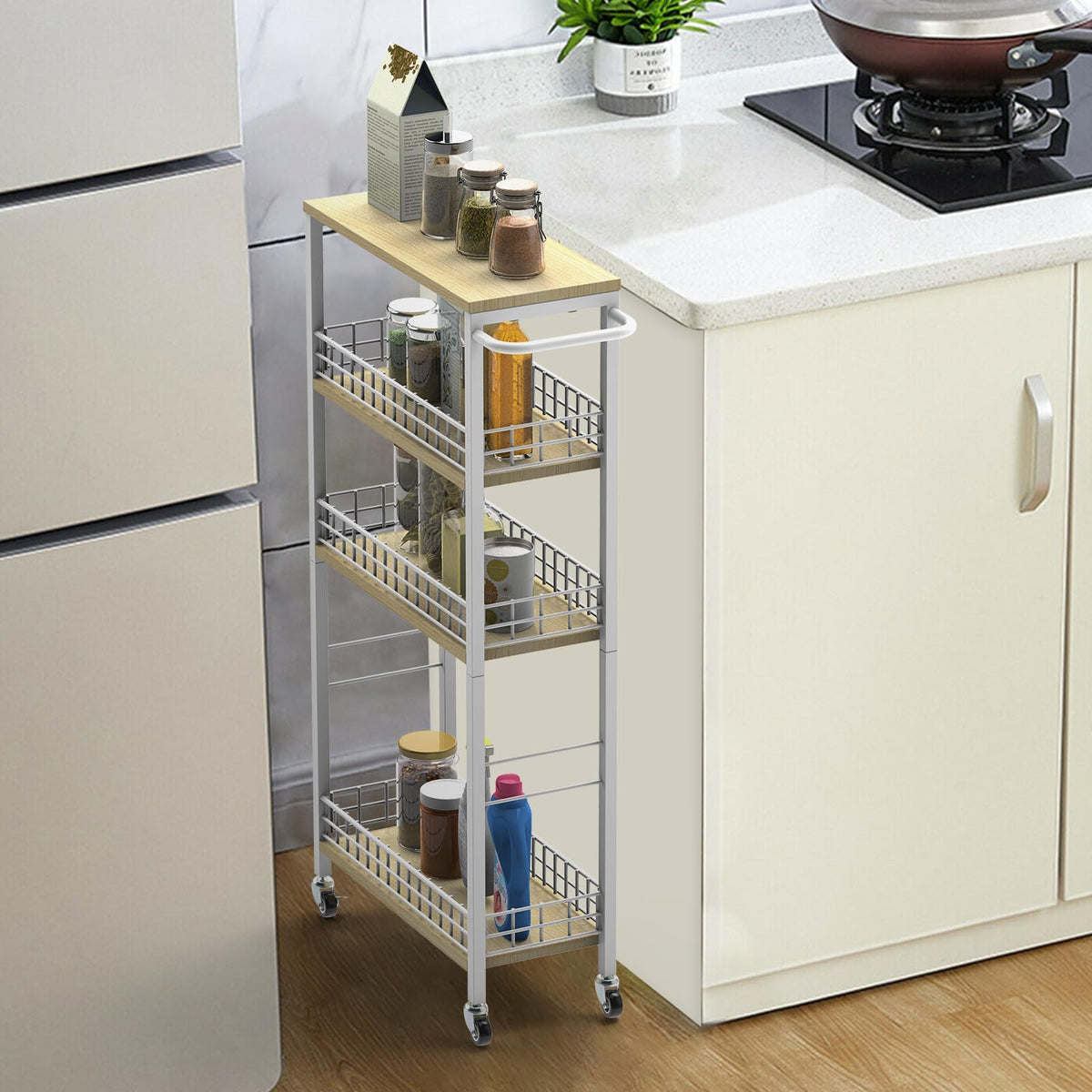 NOVIMANGO Slim Storage Cart White 4 Tier Rolling Cart with Wheels
