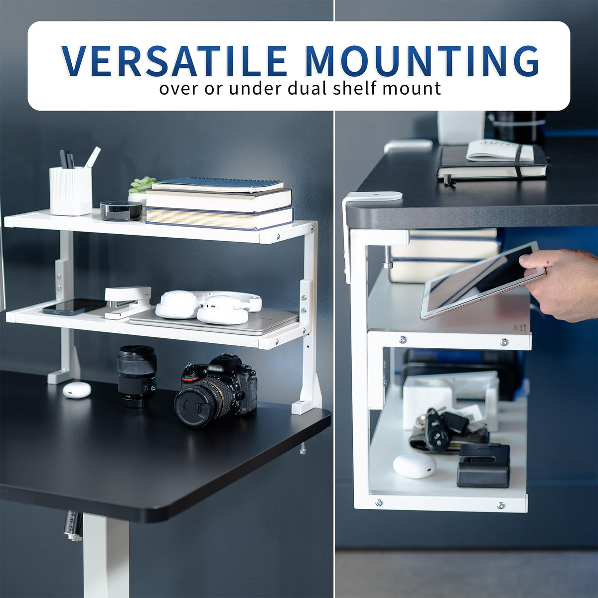 VIVO White Clamp-on 24 inch 2-Tier Desk Shelf, STAND-SHELF24C-W