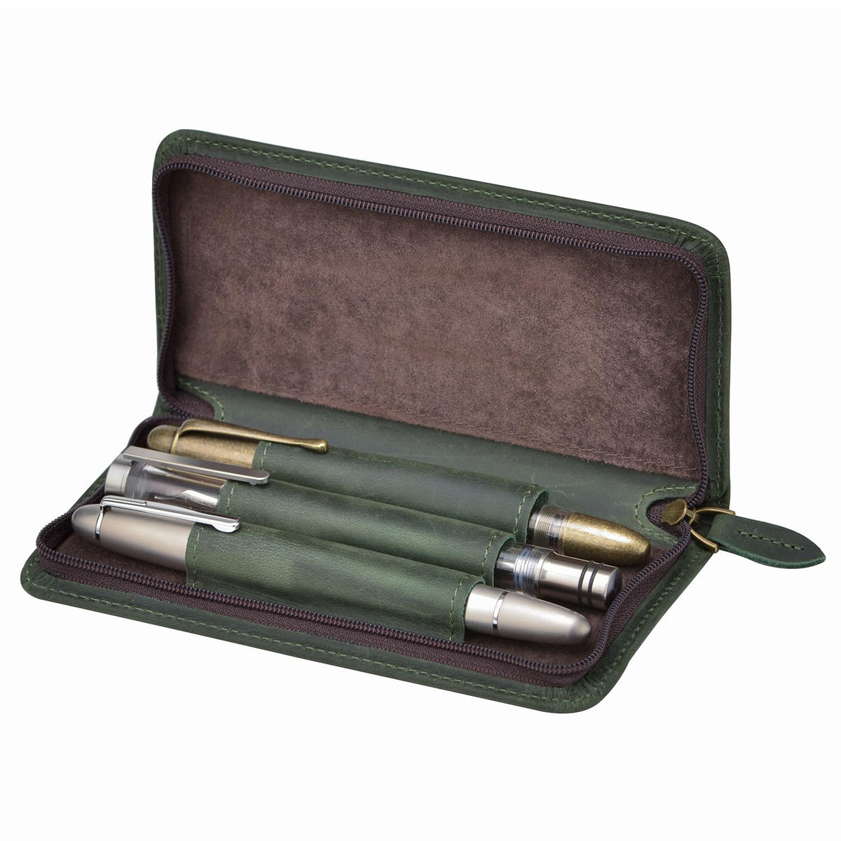 Fountain Pen Case 3 Divided Slots Crazy Horse Leather Pen Holder, Handmade Display Zippered Pouch