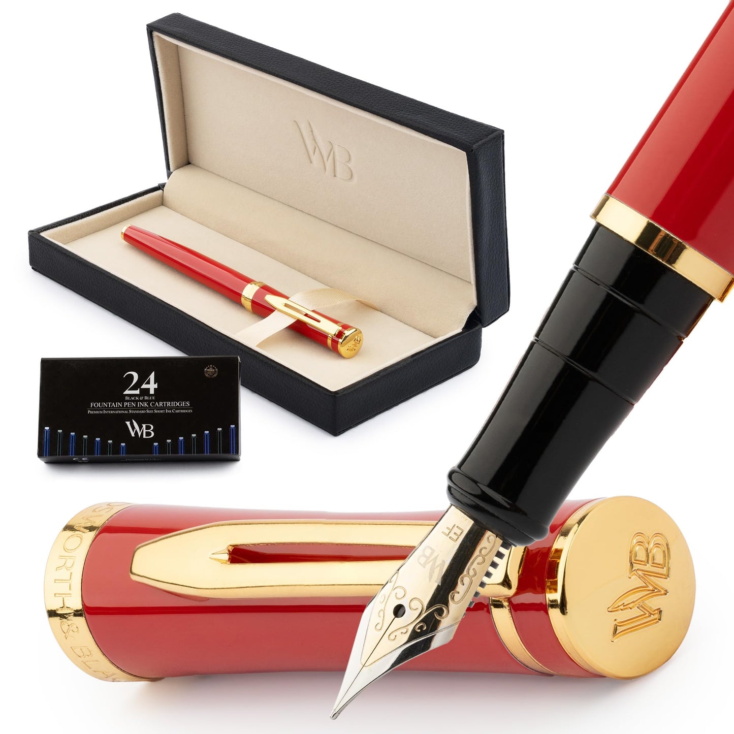 Wordsworth & Black Fountain Pen Set for Writing, Extra Fine Nib, Red