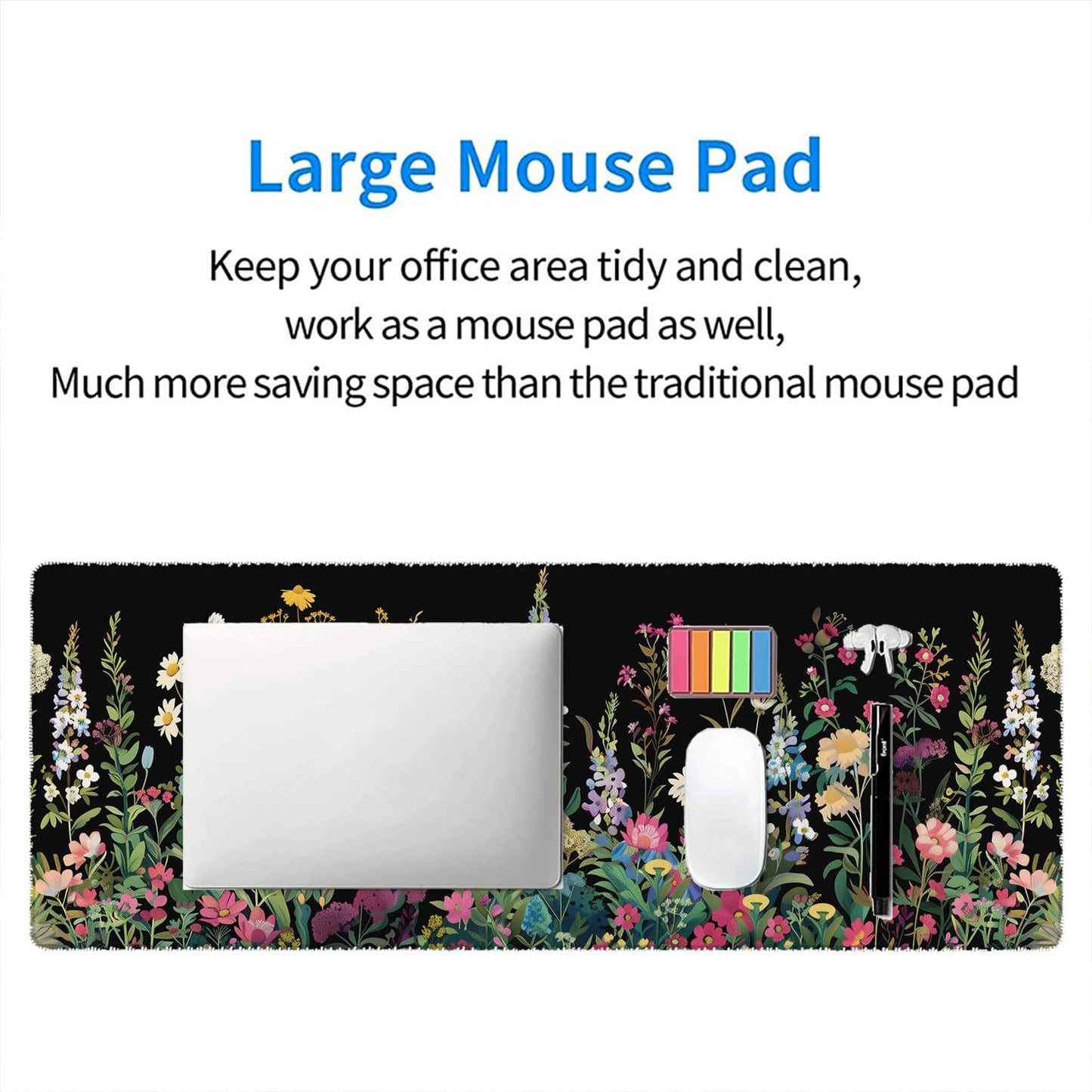 Floral Desk Mat Cute Plant Wildflowers Flowers Large Gaming Mouse Mat with Stitched Edges,Non-Slip